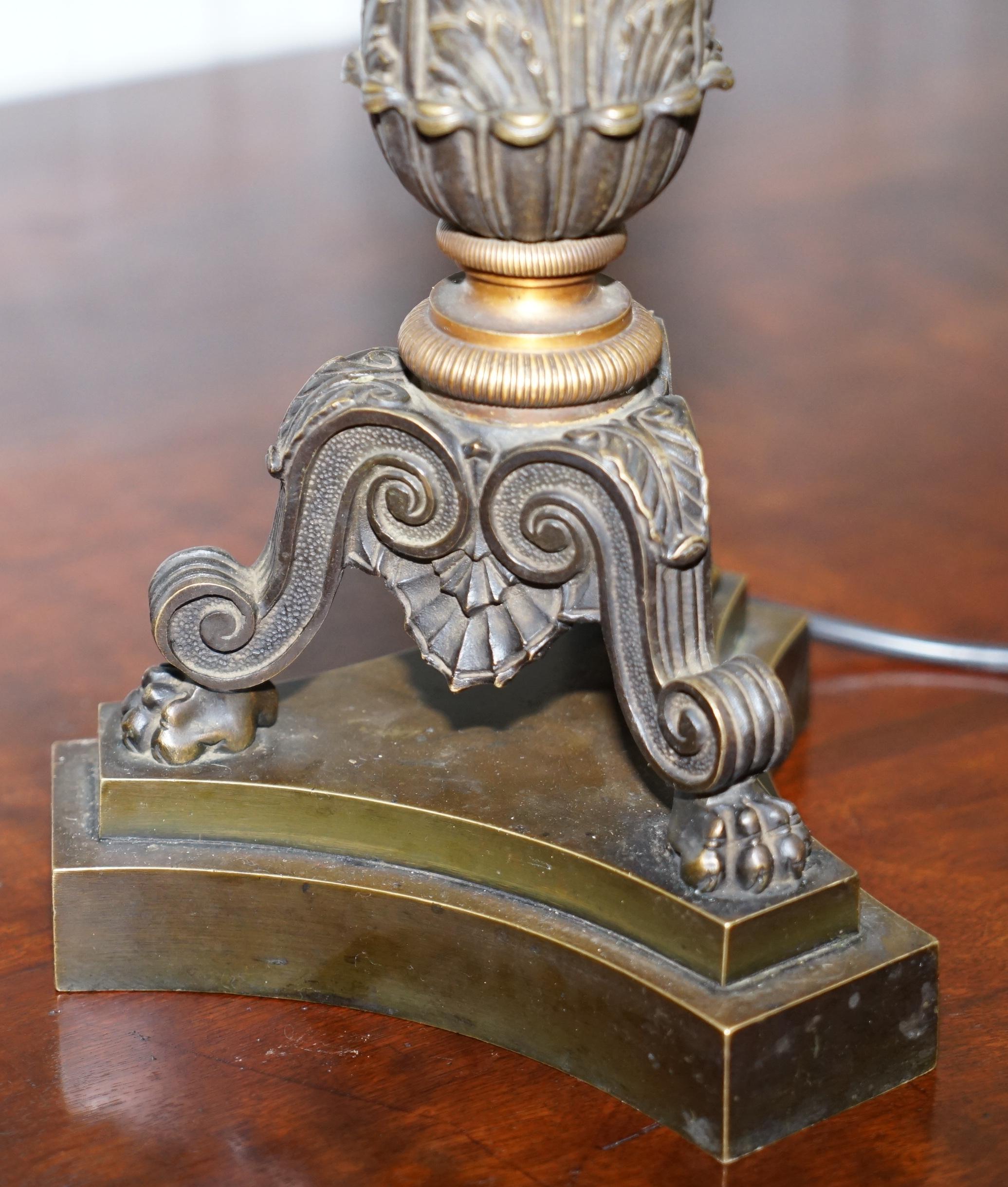 Large Solid Bronze Corinthian Pillared Candlestick Lamp Conversion, circa 1840  6