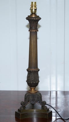 Large Solid Bronze Corinthian Pillared Candlestick Lamp Conversion, circa 1840
