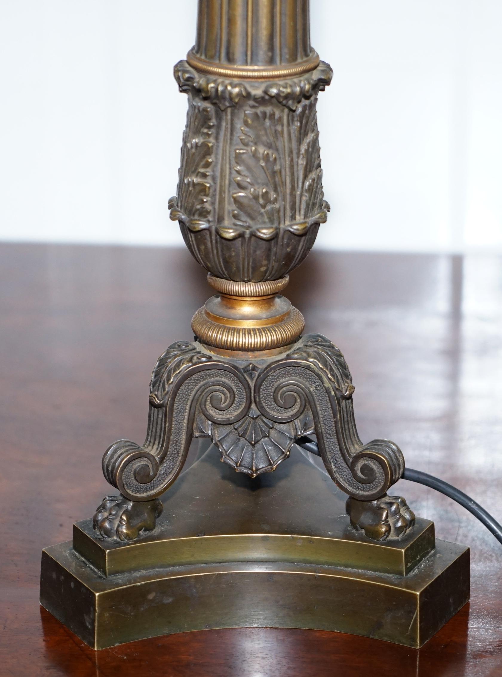 Victorian Large Solid Bronze Corinthian Pillared Candlestick Lamp Conversion, circa 1840 