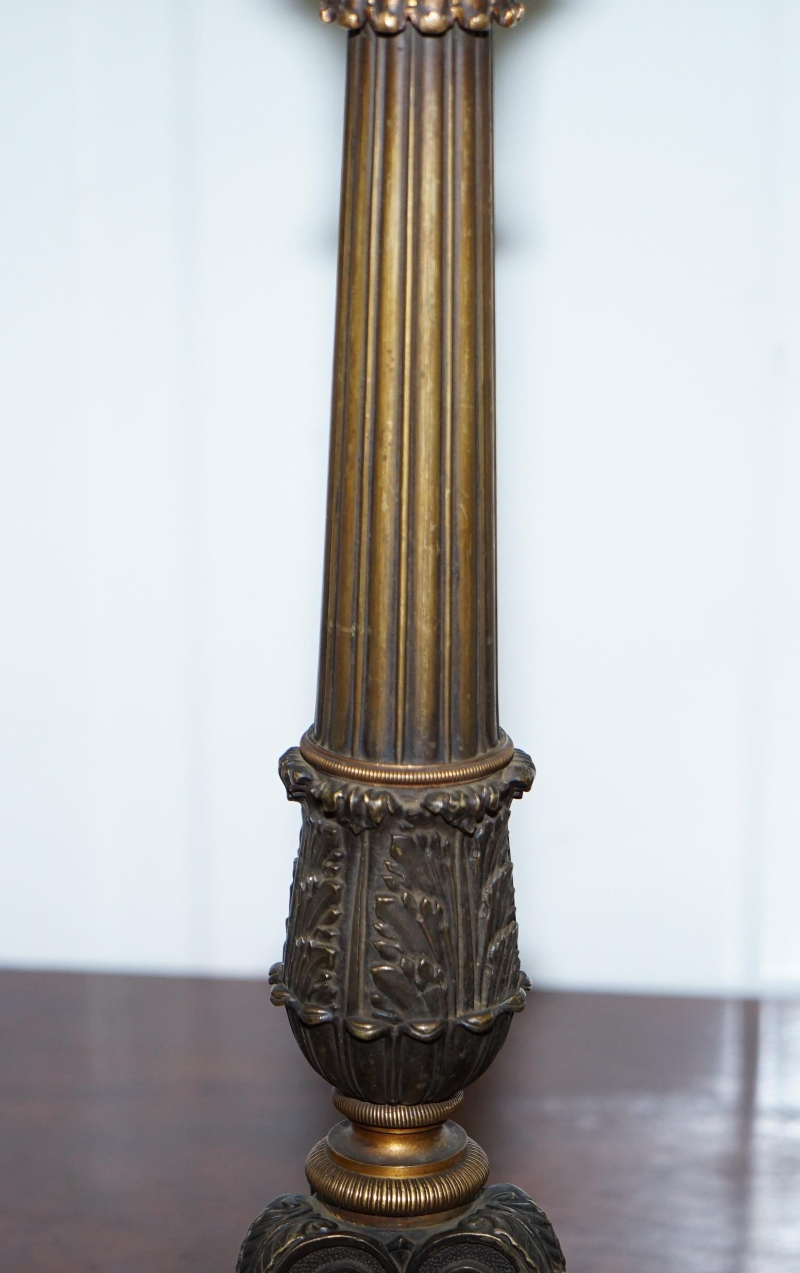 English Large Solid Bronze Corinthian Pillared Candlestick Lamp Conversion, circa 1840 