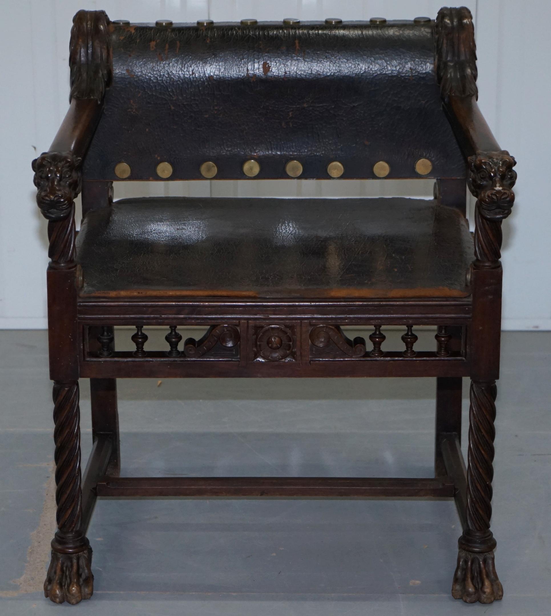 Pair of Italian Walnut Armchairs Lion Heads Hairy Paw Feet Leather, circa 1840 10