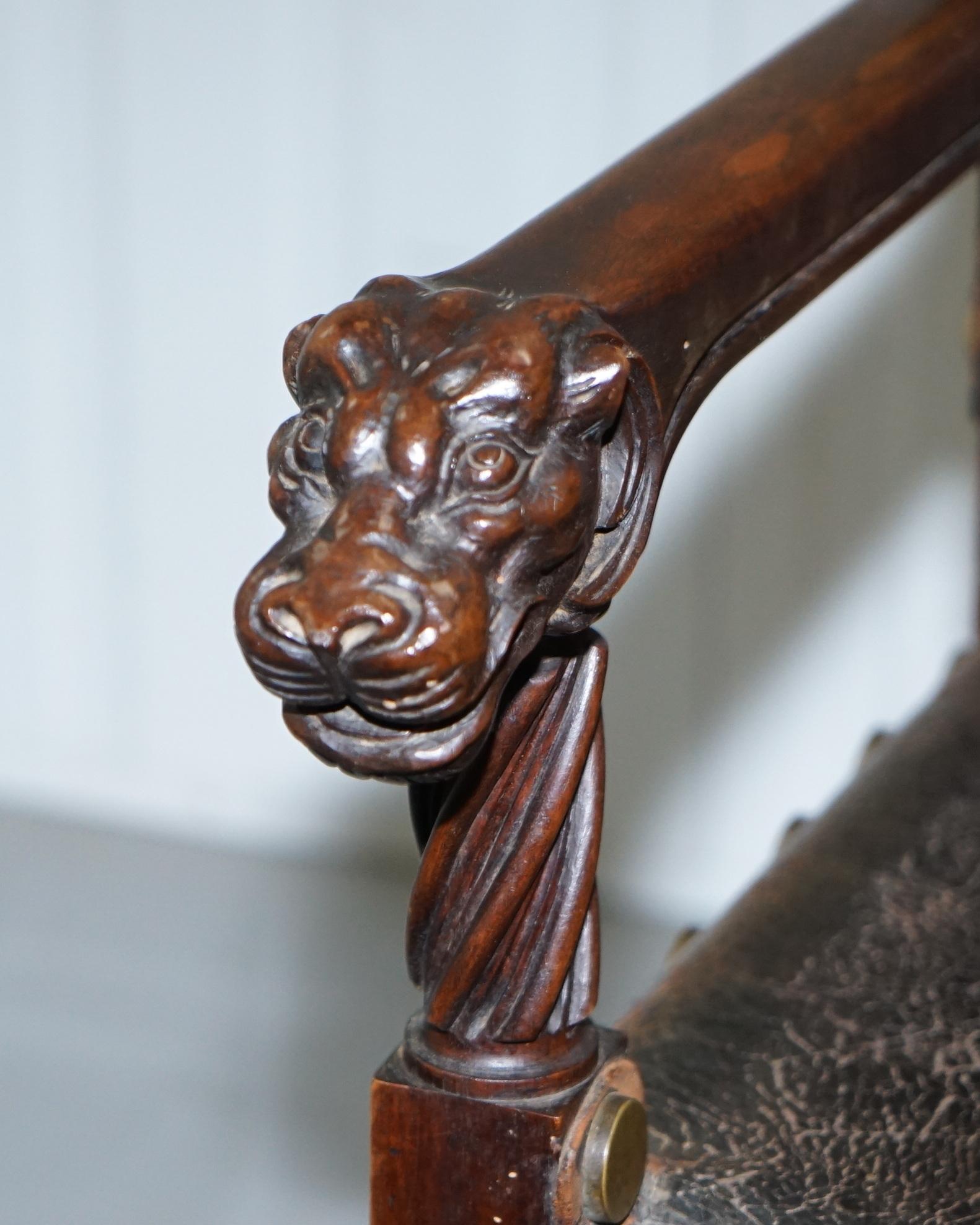 Pair of Italian Walnut Armchairs Lion Heads Hairy Paw Feet Leather, circa 1840 13