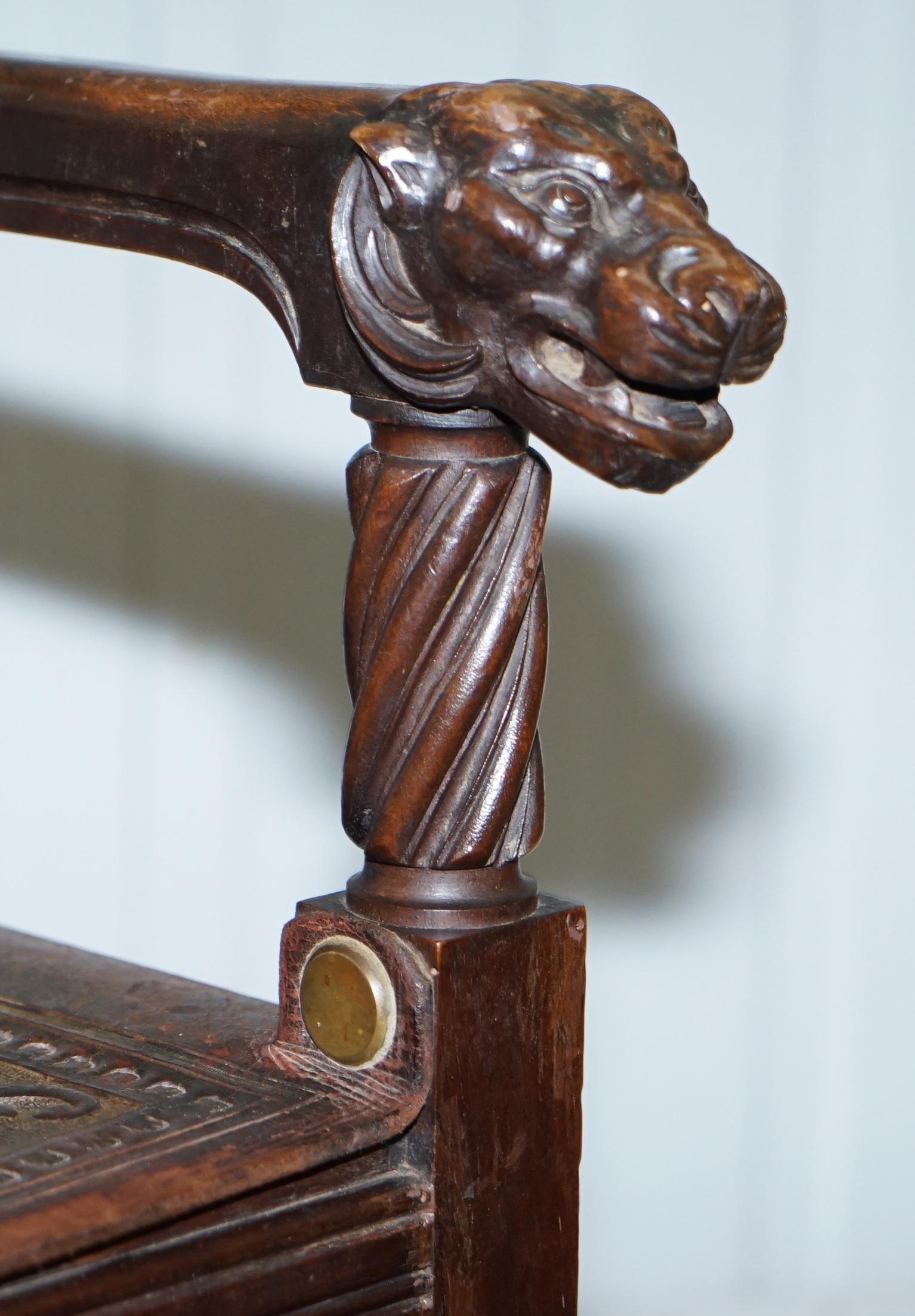 Pair of Italian Walnut Armchairs Lion Heads Hairy Paw Feet Leather, circa 1840 3