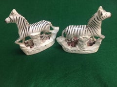 Staffordshire Circa 1840 Pair of Porcelain Flatback African Zebras