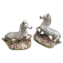 Staffordshire Circa 1840 Pair of Porcelain Flatback African Zebras