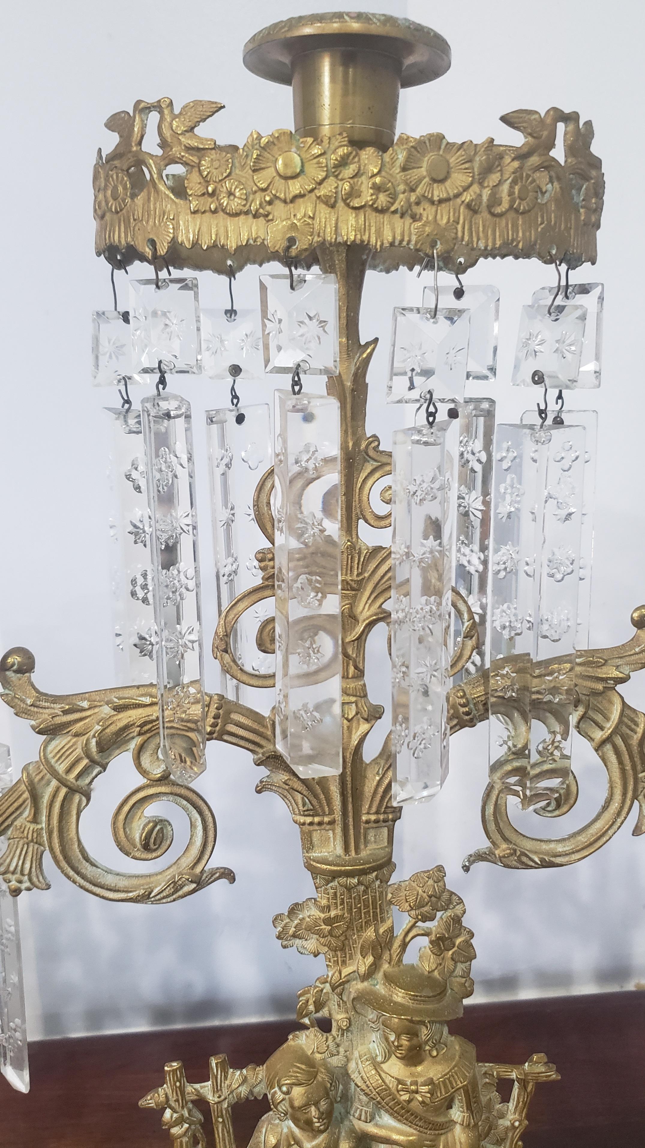 circa 1840s Cornelius and Co. Cast Brass & Marble 3-Arm Girandole Candelabra In Good Condition For Sale In Germantown, MD