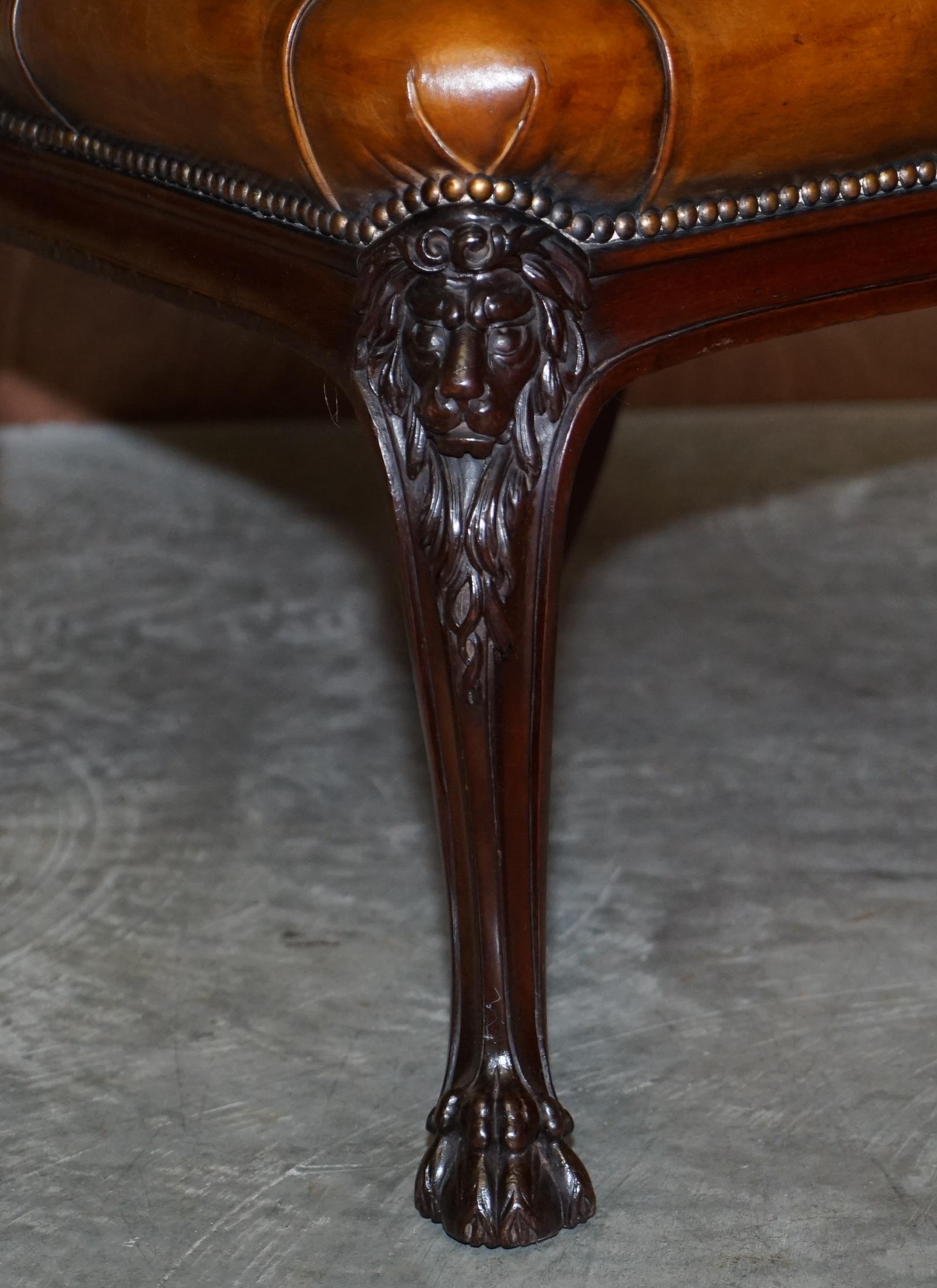 circa 1845 C Hindley & Sons Lion Carved Chesterfield Brown Leather Dining Chairs For Sale 4