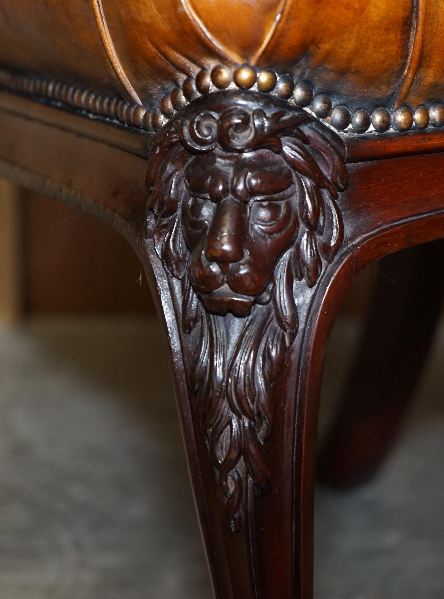 circa 1845 C Hindley & Sons Lion Carved Chesterfield Brown Leather Dining Chairs For Sale 5