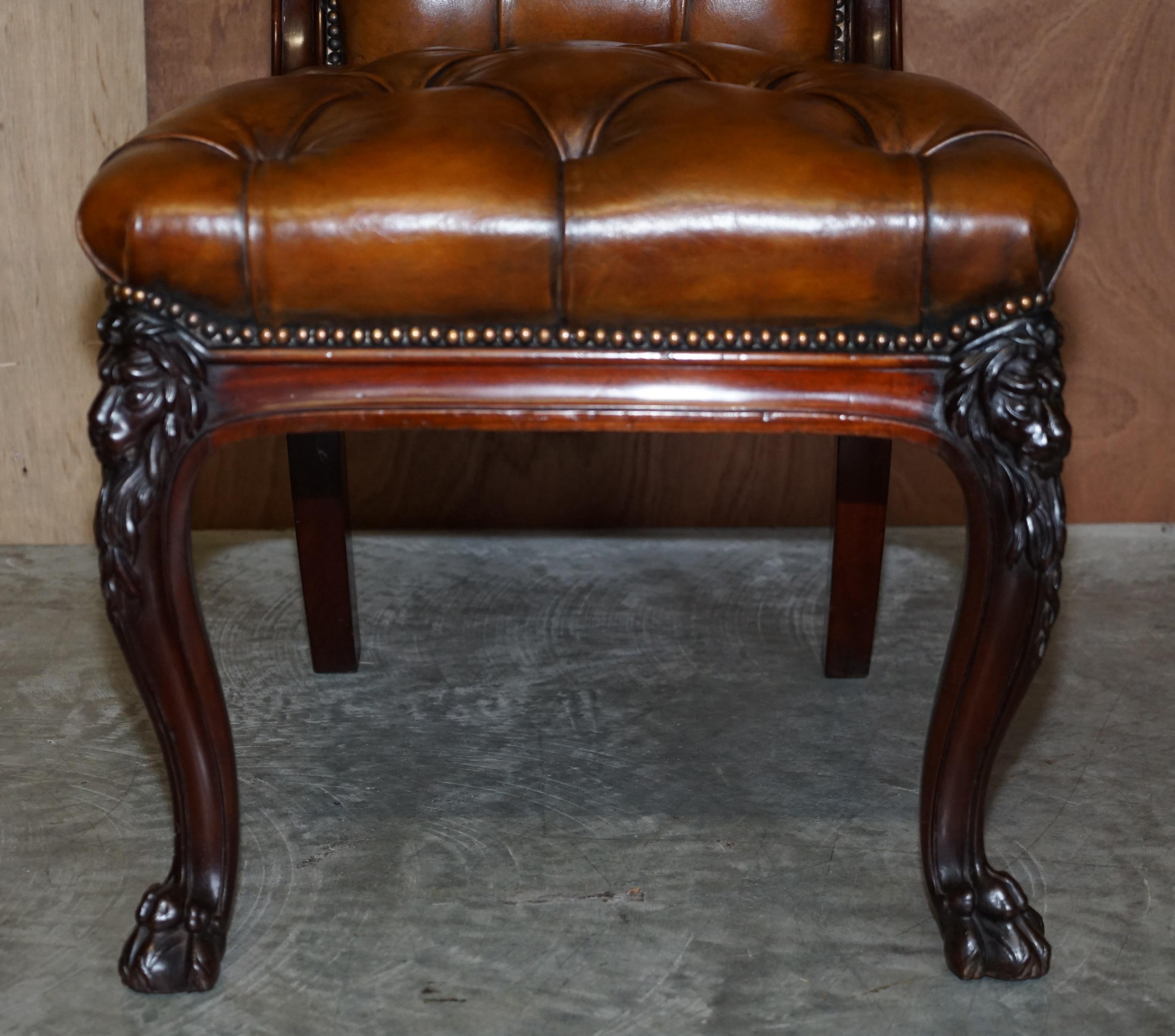 circa 1845 C Hindley & Sons Lion Carved Chesterfield Brown Leather Dining Chairs For Sale 7