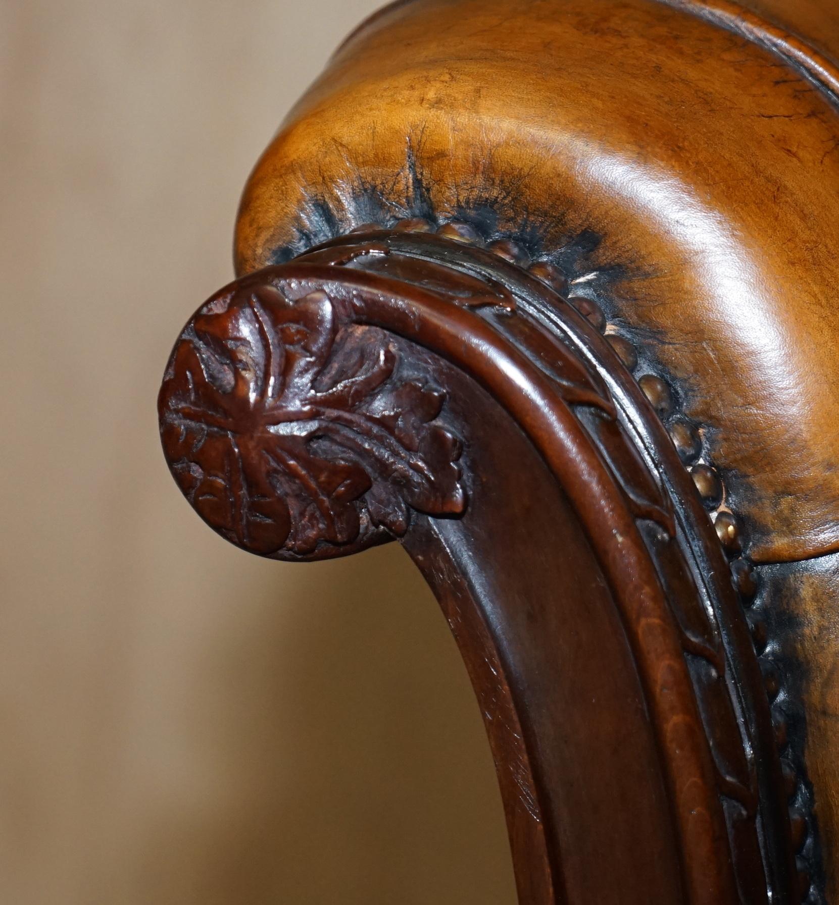 circa 1845 C Hindley & Sons Lion Carved Chesterfield Brown Leather Dining Chairs For Sale 10