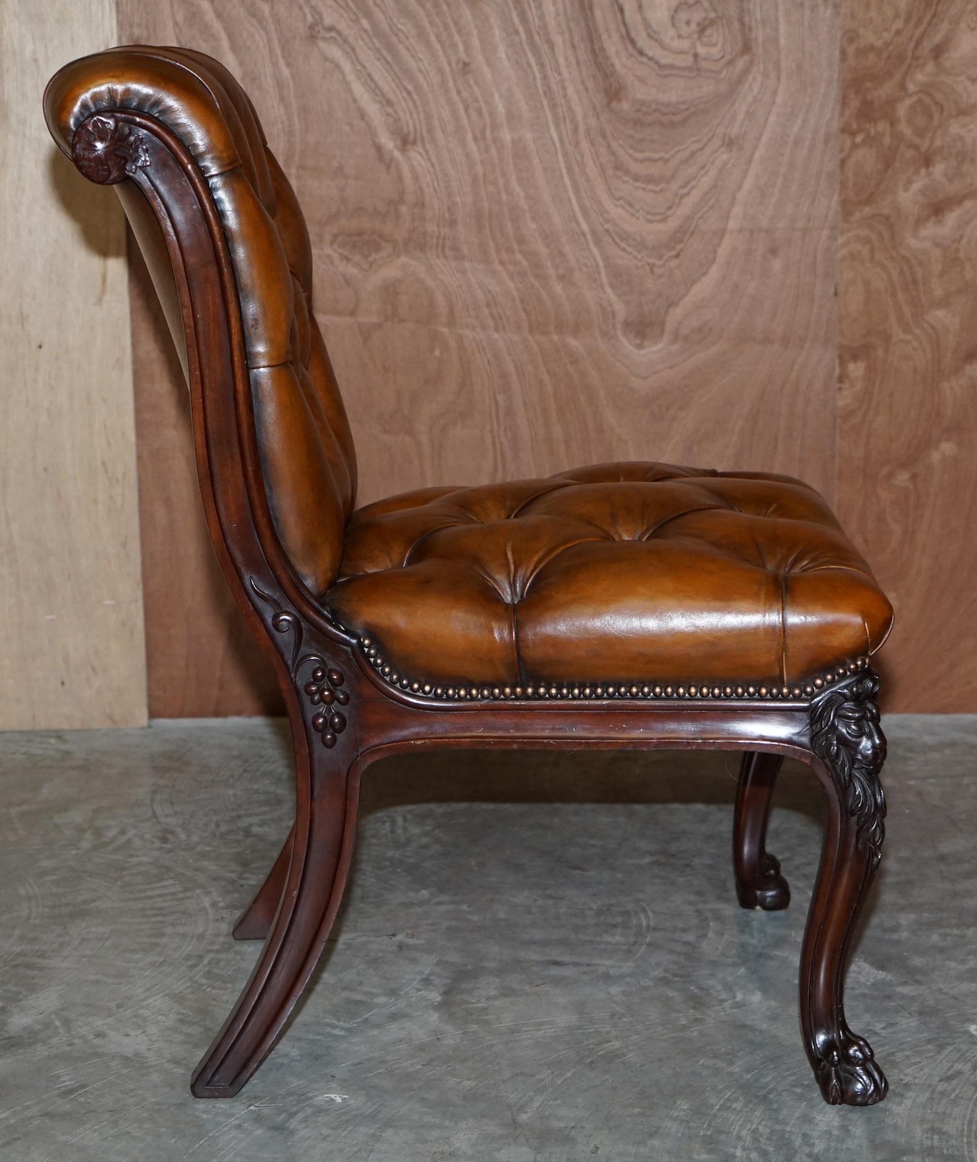 circa 1845 C Hindley & Sons Lion Carved Chesterfield Brown Leather Dining Chairs For Sale 11