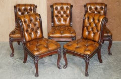 circa 1845 C Hindley & Sons Lion Carved Chesterfield Brown Leather Dining Chairs