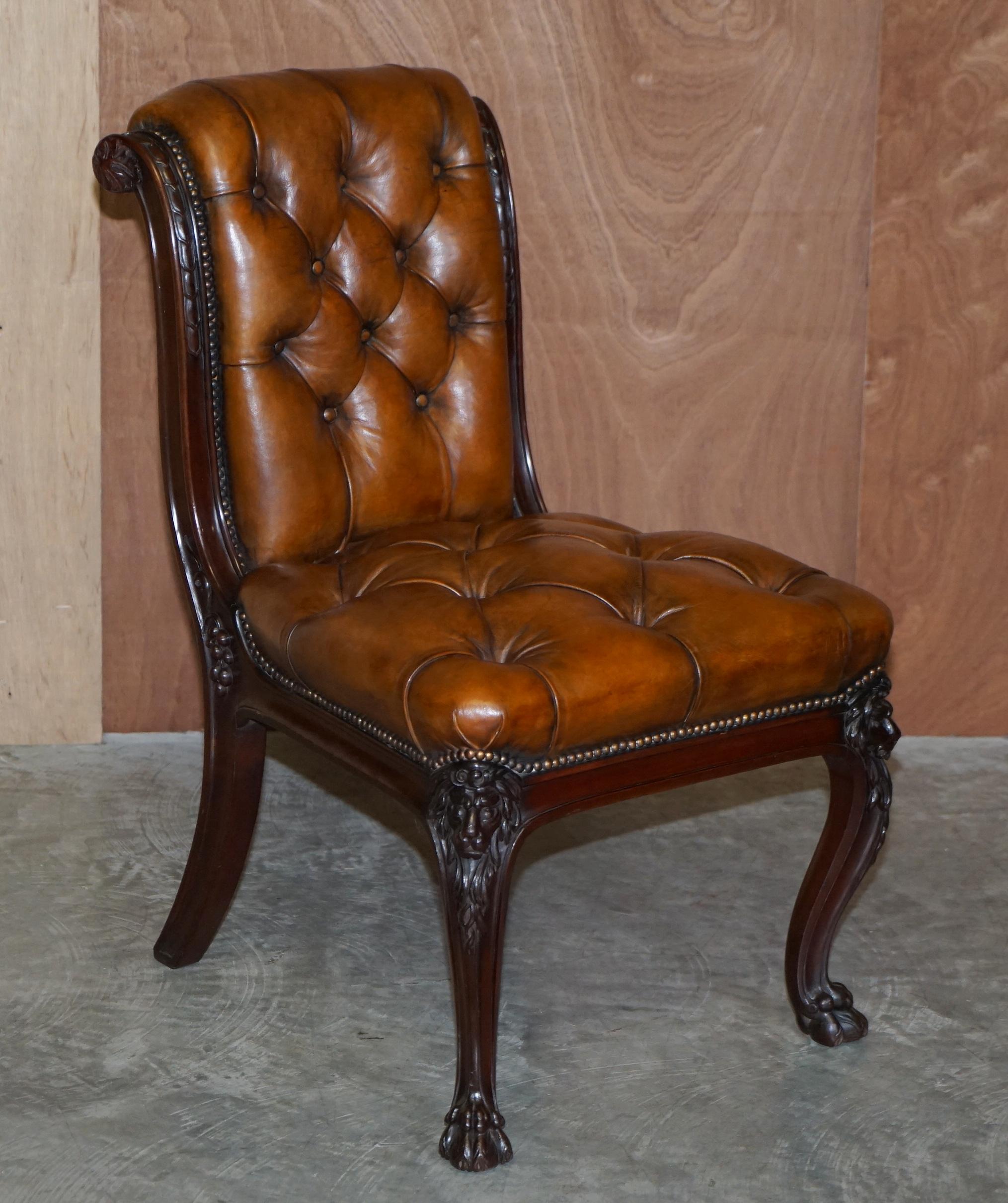 English circa 1845 C Hindley & Sons Lion Carved Chesterfield Brown Leather Dining Chairs For Sale
