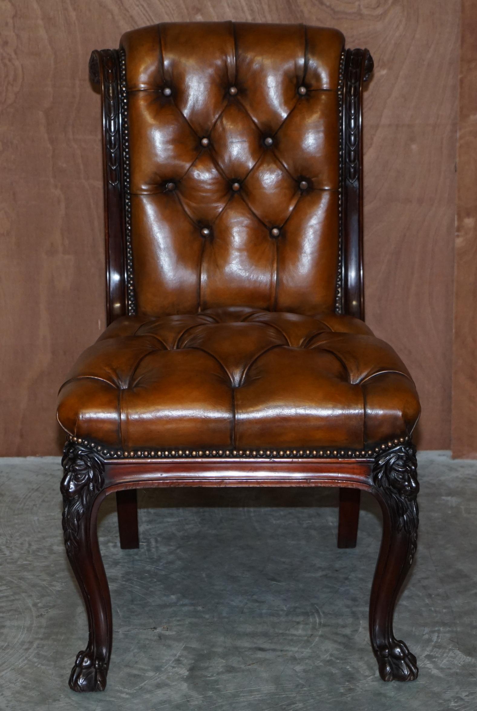 Hand-Crafted circa 1845 C Hindley & Sons Lion Carved Chesterfield Brown Leather Dining Chairs For Sale