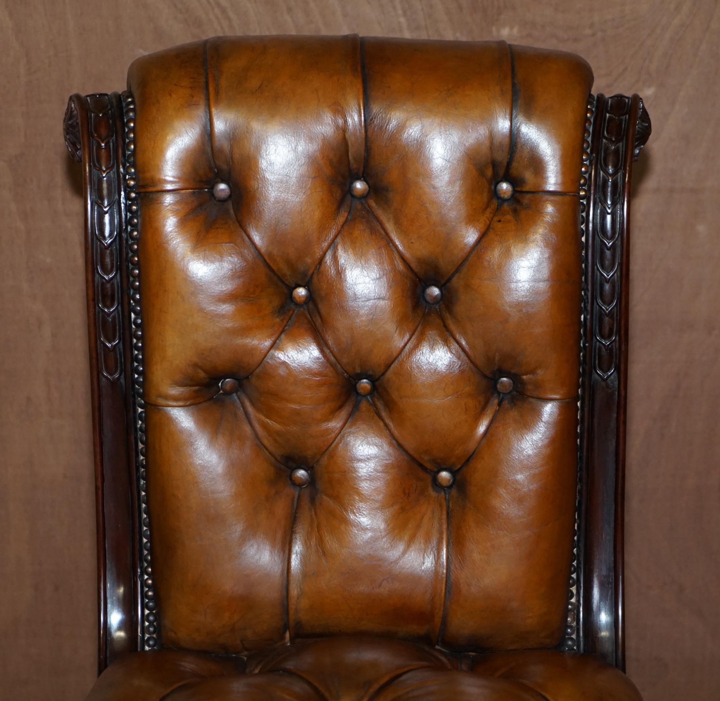 Mid-19th Century circa 1845 C Hindley & Sons Lion Carved Chesterfield Brown Leather Dining Chairs For Sale
