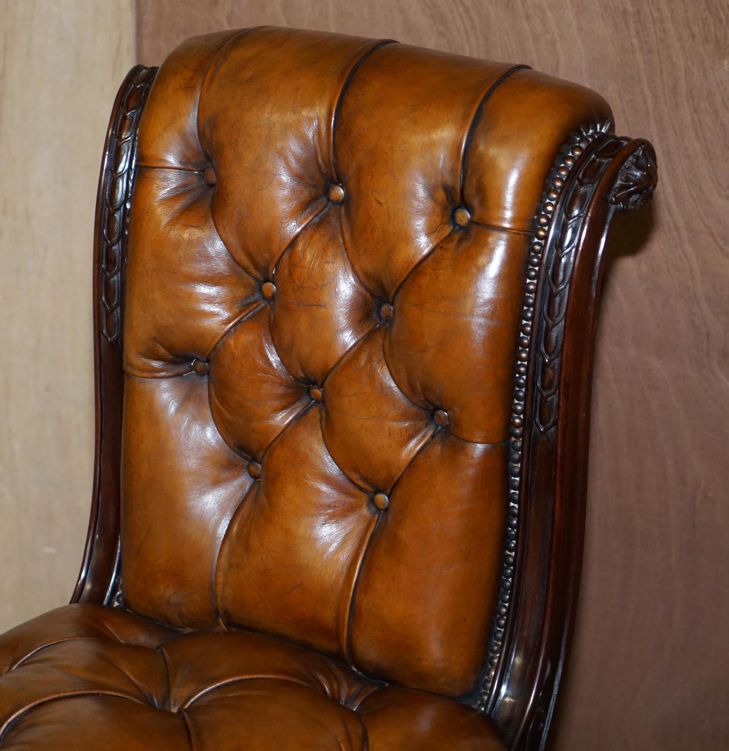 circa 1845 C Hindley & Sons Lion Carved Chesterfield Brown Leather Dining Chairs For Sale 1