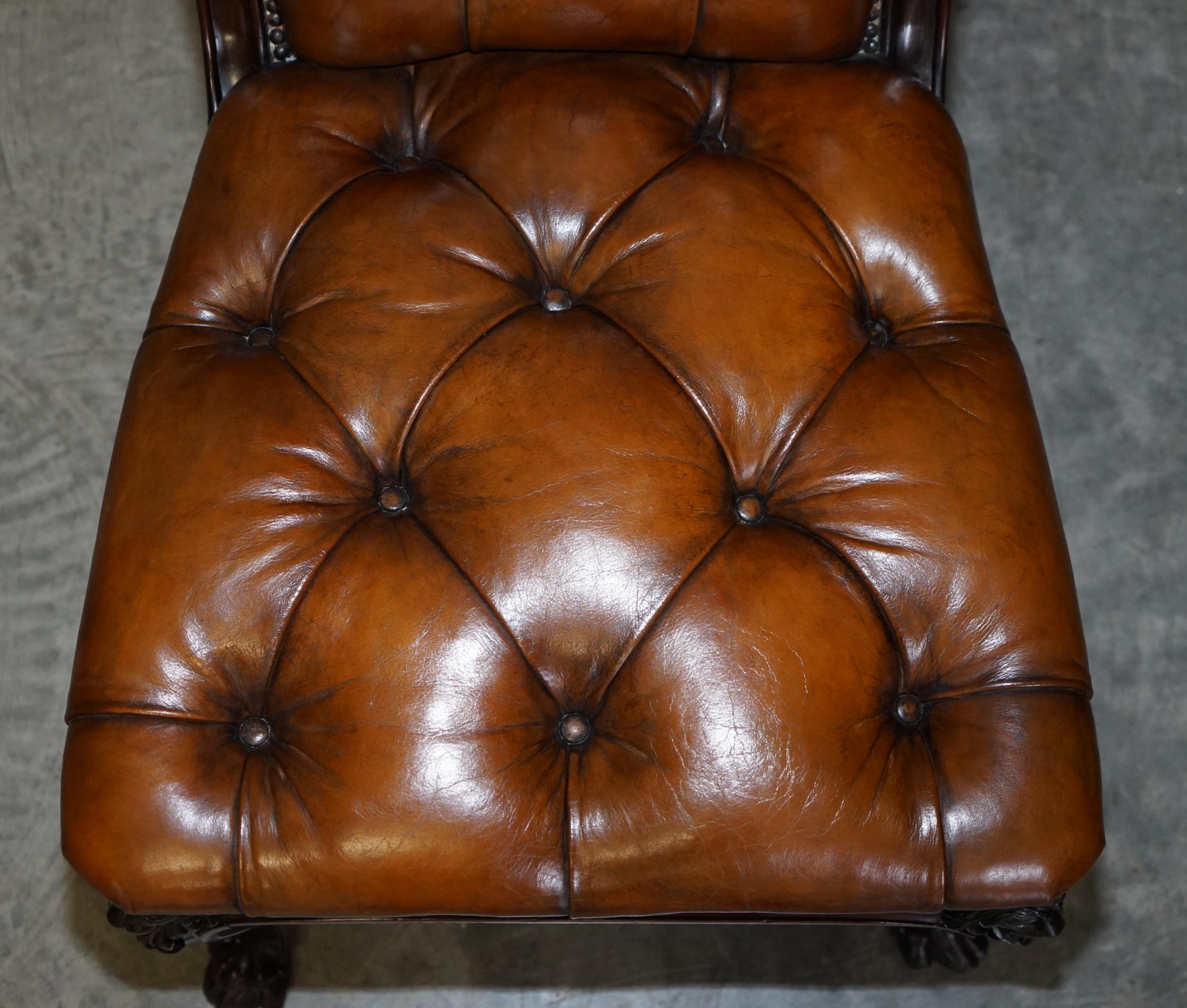circa 1845 C Hindley & Sons Lion Carved Chesterfield Brown Leather Dining Chairs For Sale 2