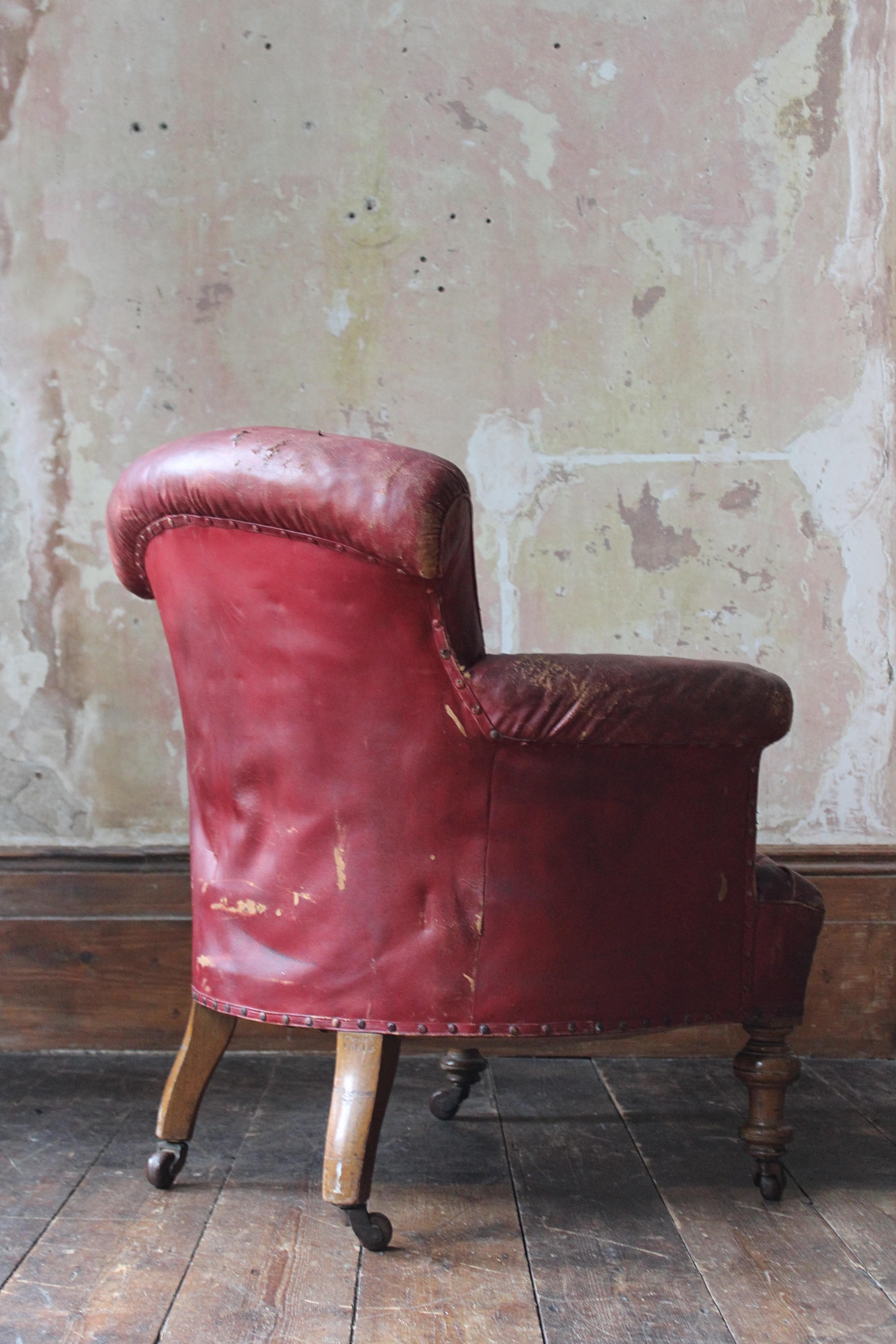 19th Century Circa 1845 Robert Strahan & Co Ireland Dublin Red Leather Armchair, Elveden Hall For Sale