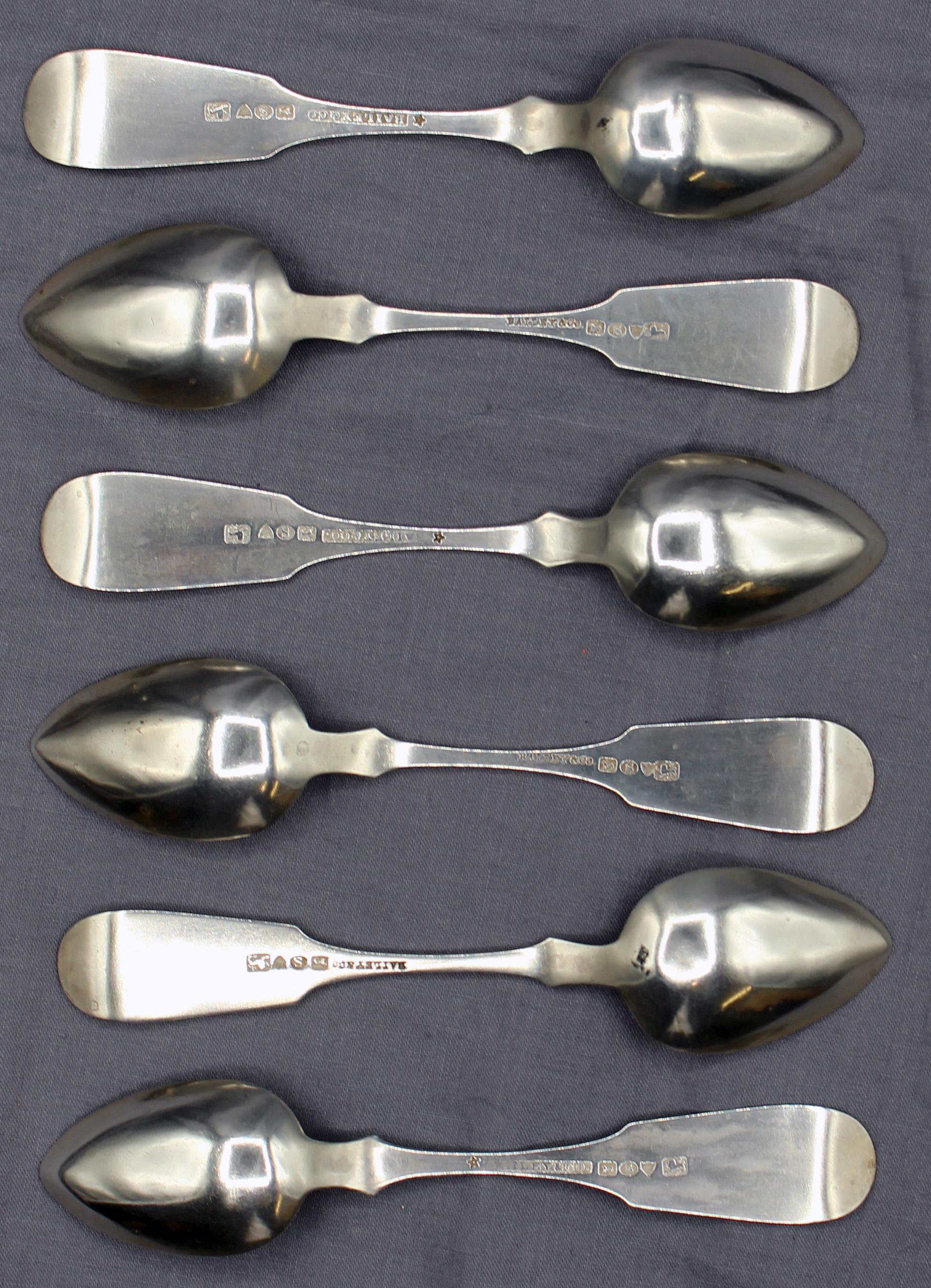 Circa 1848-1865 set of 6 coin silver spoons by Bailey & Co, American. Fiddleback with upturned tip. Monogram 