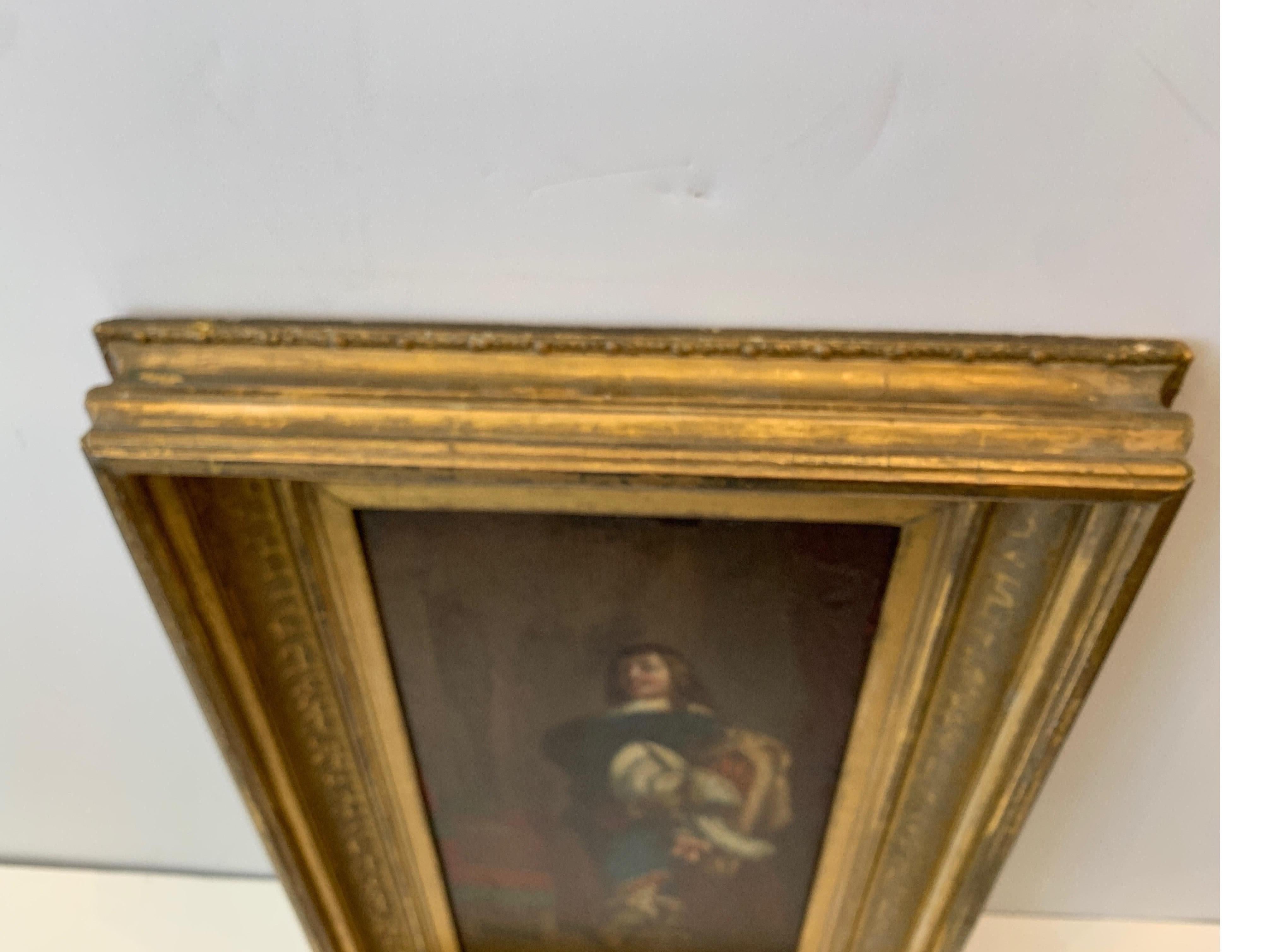 Cavalier Oil Painting on Paper Applied to Wood in a Giltwood Frame, circa 1850 For Sale 4