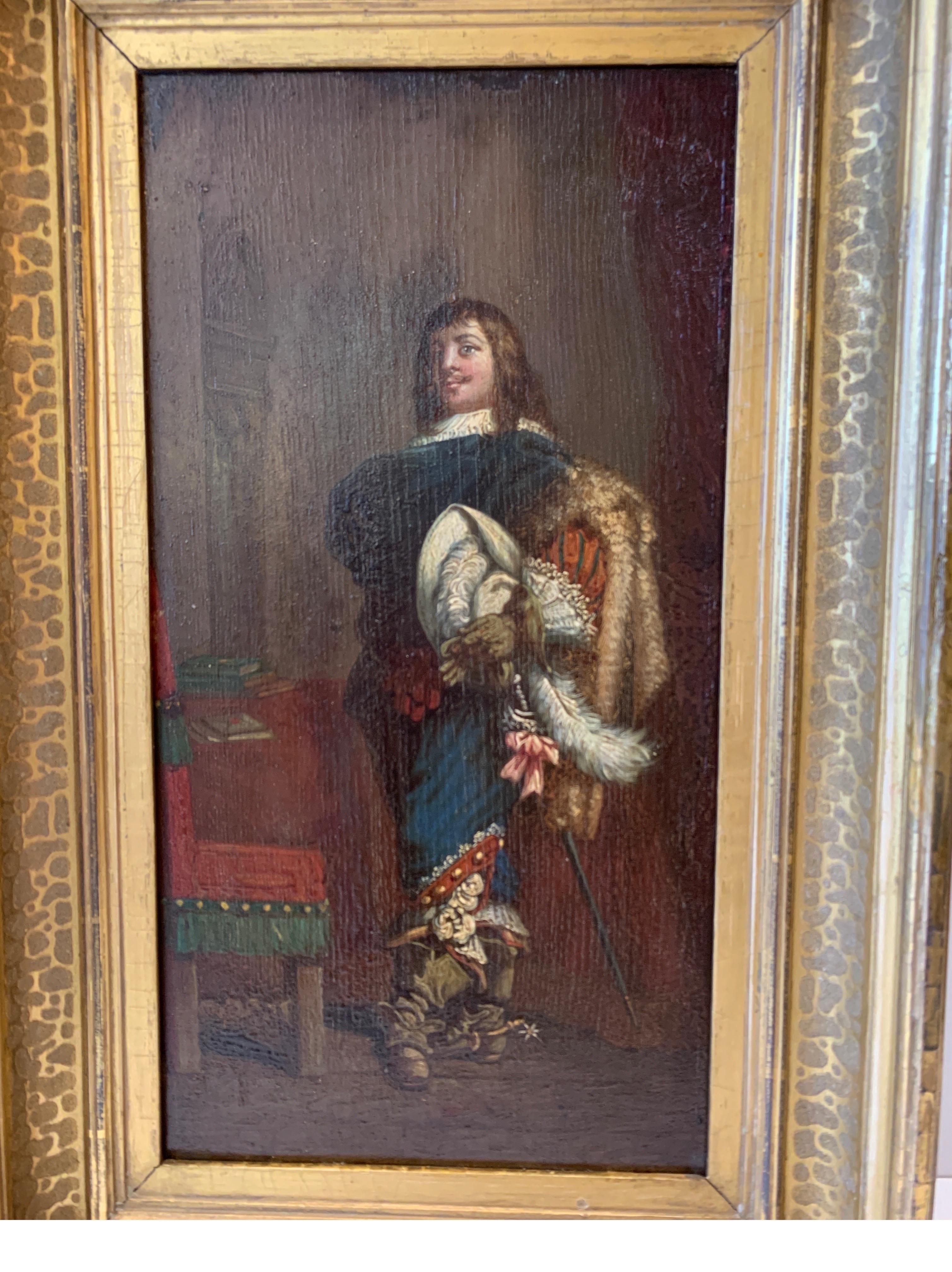 A cavalier oil painting on paper applied to wood in a giltwood frame, circa 1850.
Dressed in a hat, boots and a sword in a nice vintage frame. nice painting for an office, library, study or man cave. Unsigned.
Dimensions: 14