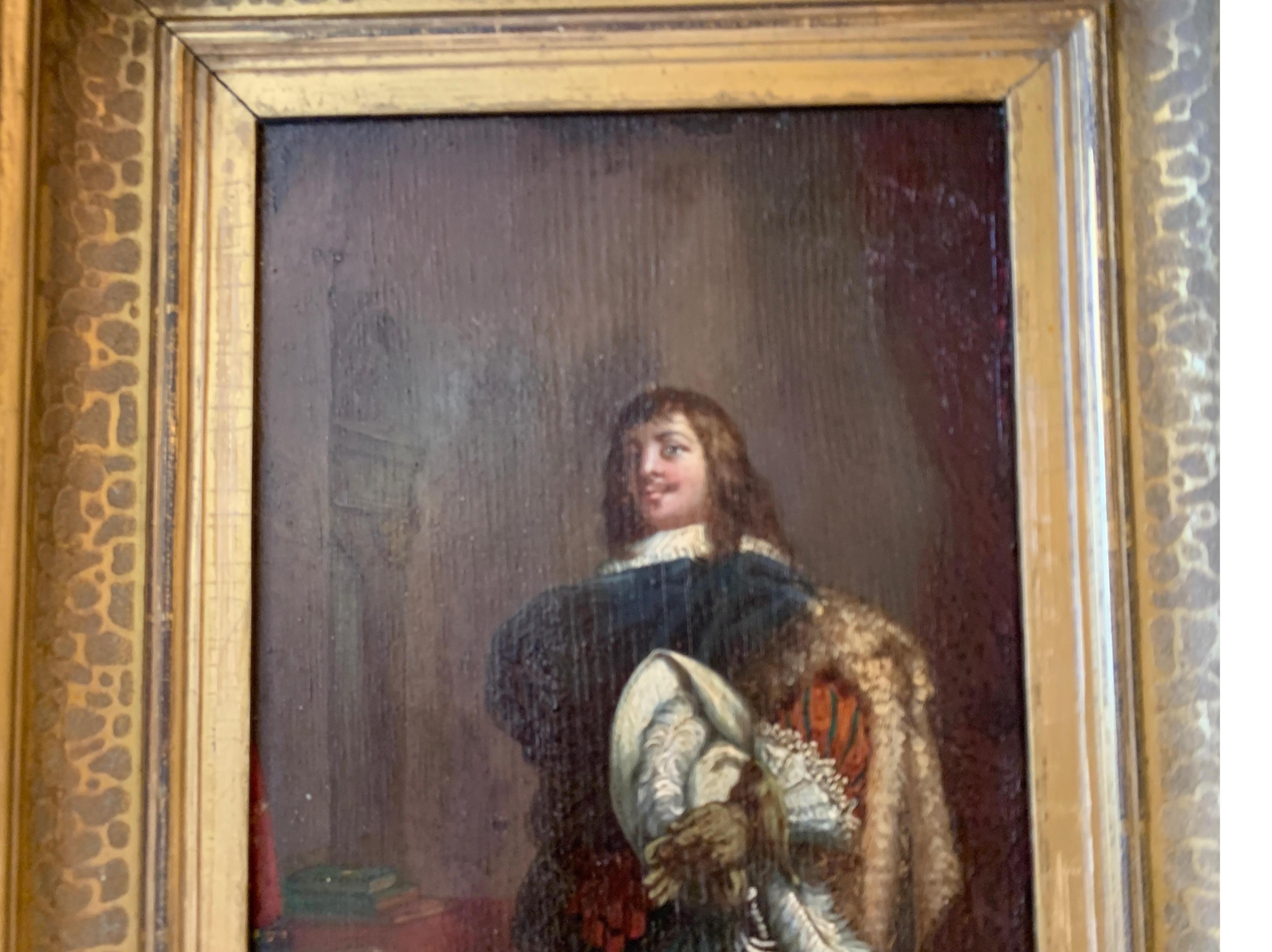 Européen Peinture à l'huile sur papier représentant un cavalier:: huile sur papier appliquée sur bois dans un cadre en bois doré:: vers 1850