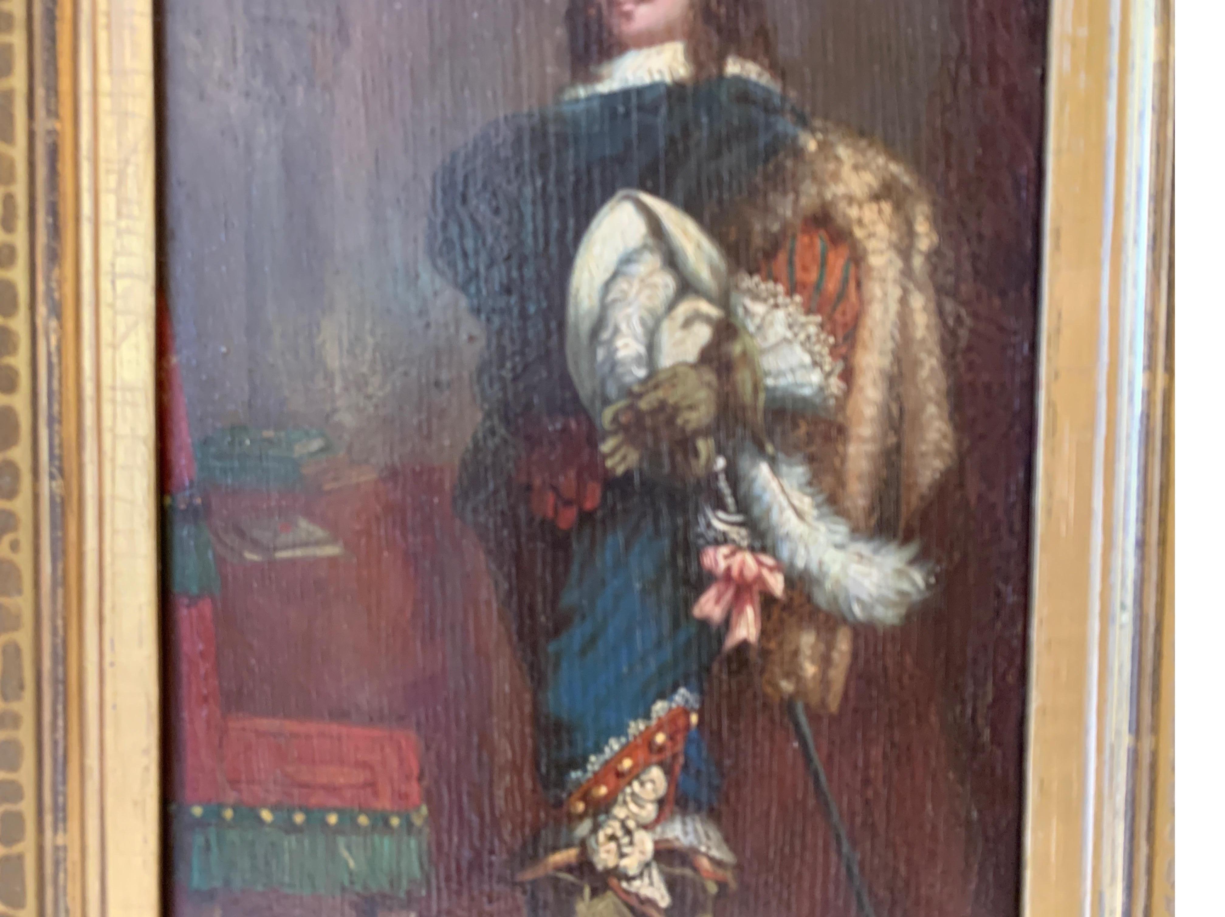 European Cavalier Oil Painting on Paper Applied to Wood in a Giltwood Frame, circa 1850 For Sale