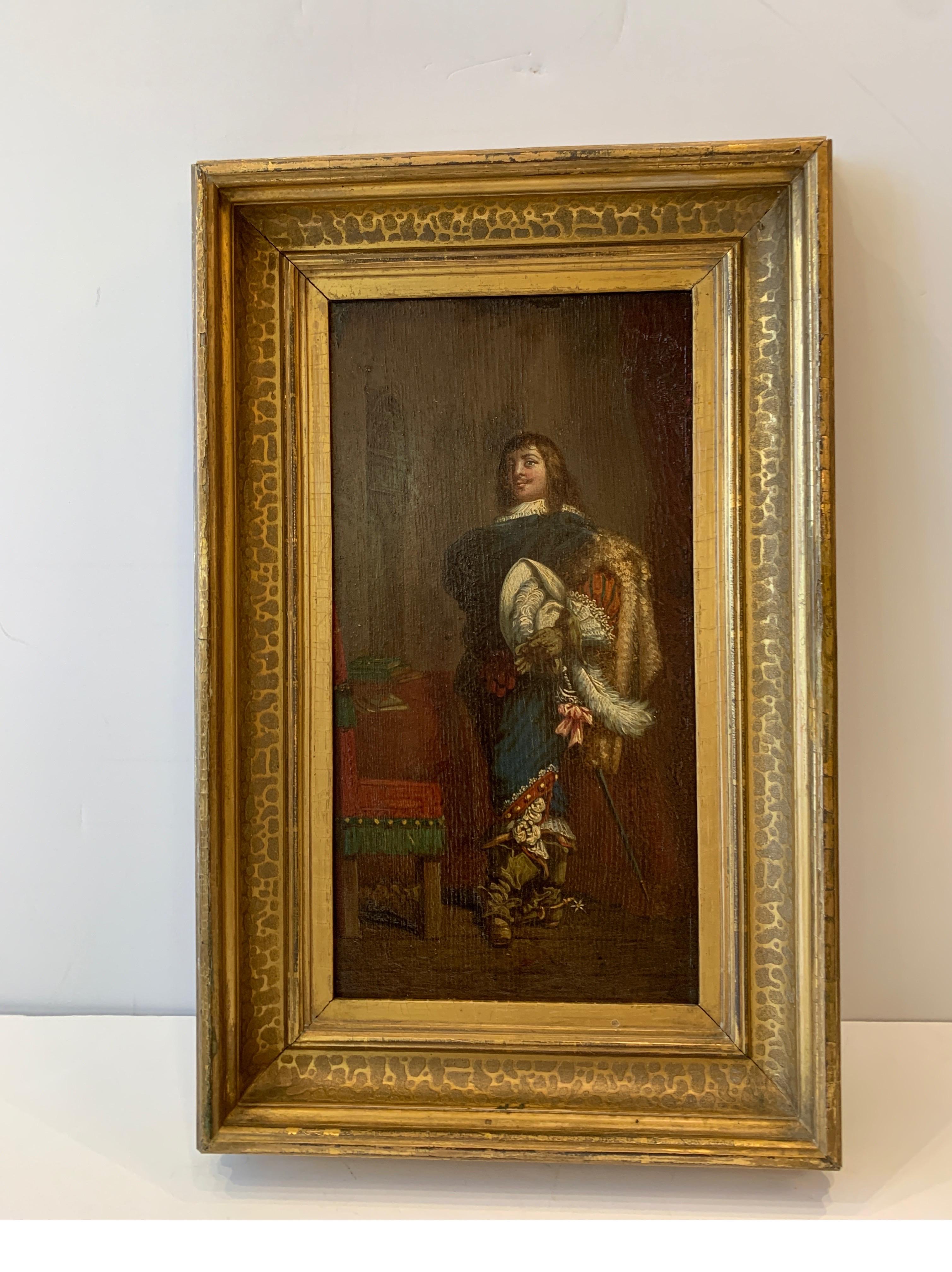 19th Century Cavalier Oil Painting on Paper Applied to Wood in a Giltwood Frame, circa 1850 For Sale