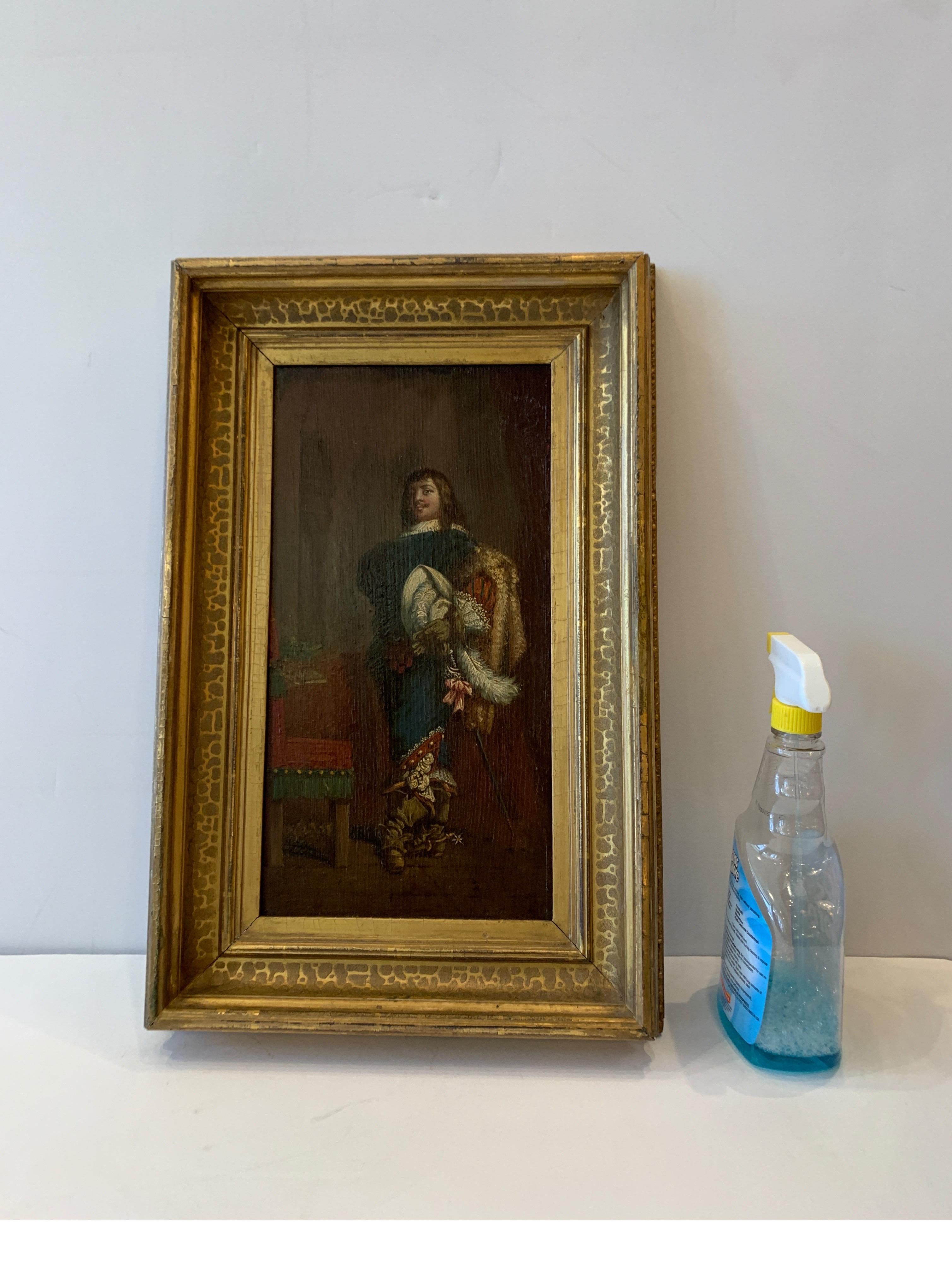 Cavalier Oil Painting on Paper Applied to Wood in a Giltwood Frame, circa 1850 For Sale 1