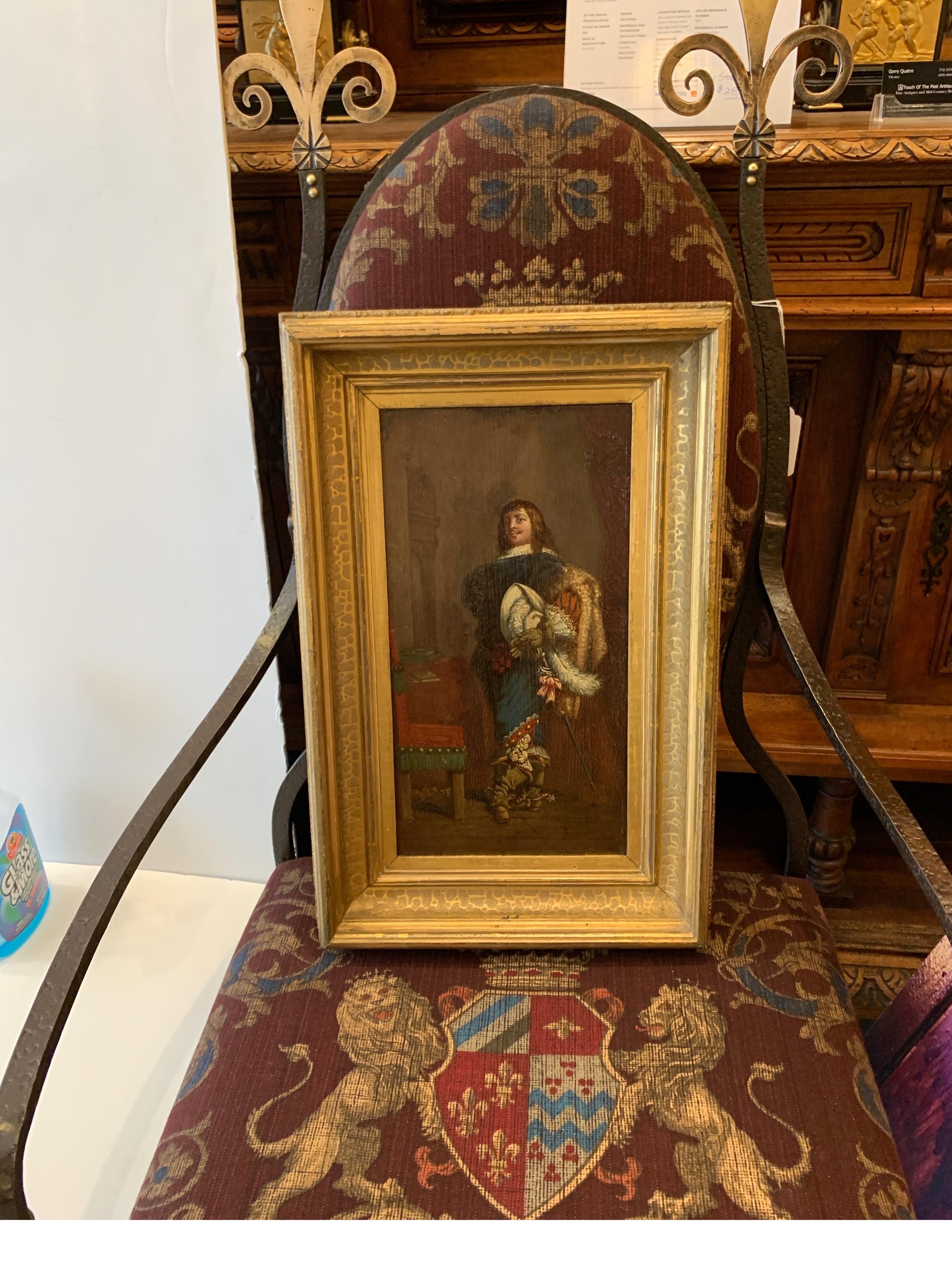 Cavalier Oil Painting on Paper Applied to Wood in a Giltwood Frame, circa 1850 For Sale 2