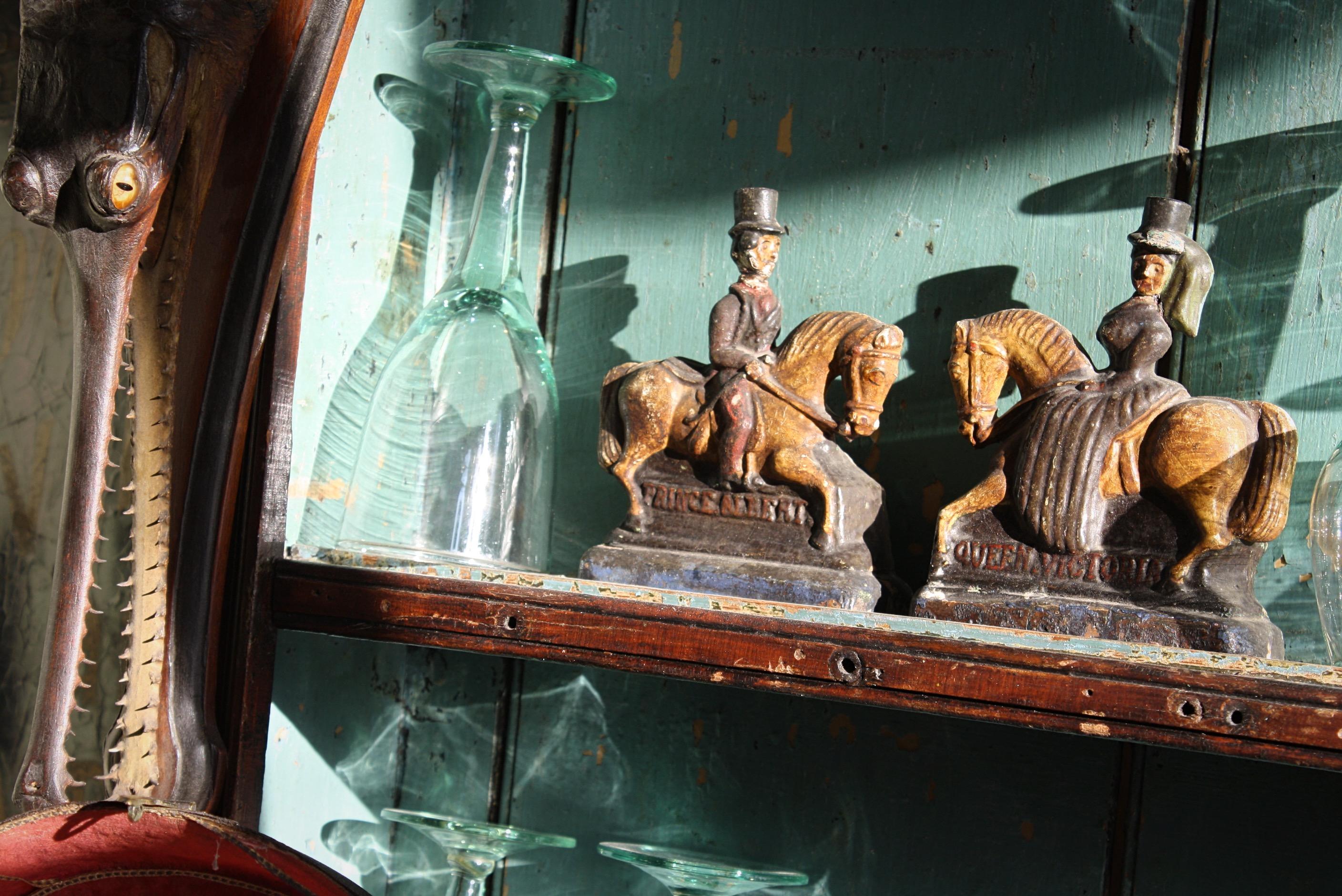 Hand-Carved Circa 1850 Folk Art Carvings of Queen Victoria & Prince Albert on Horseback For Sale