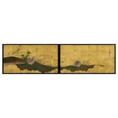 Antique Japanese Door Paintings, Circa 1850 Quail and Autumn Flowers by Sakuma Seigaku