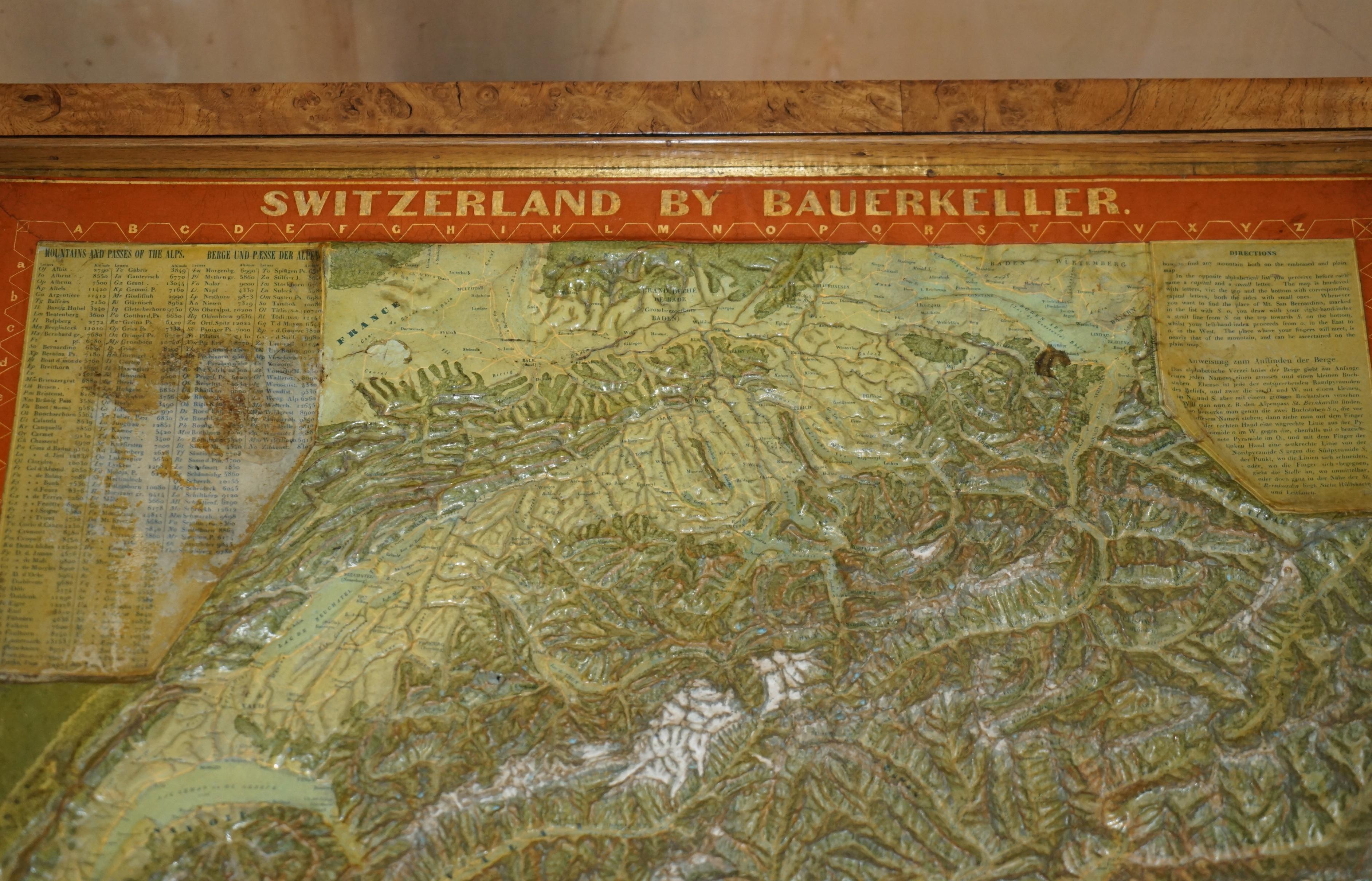 CIRCA 1850 MALBY & CO MAP OF SWiTZERLAND BY BAUERKELLER BURR WALNUT CHESS TABLE For Sale 9