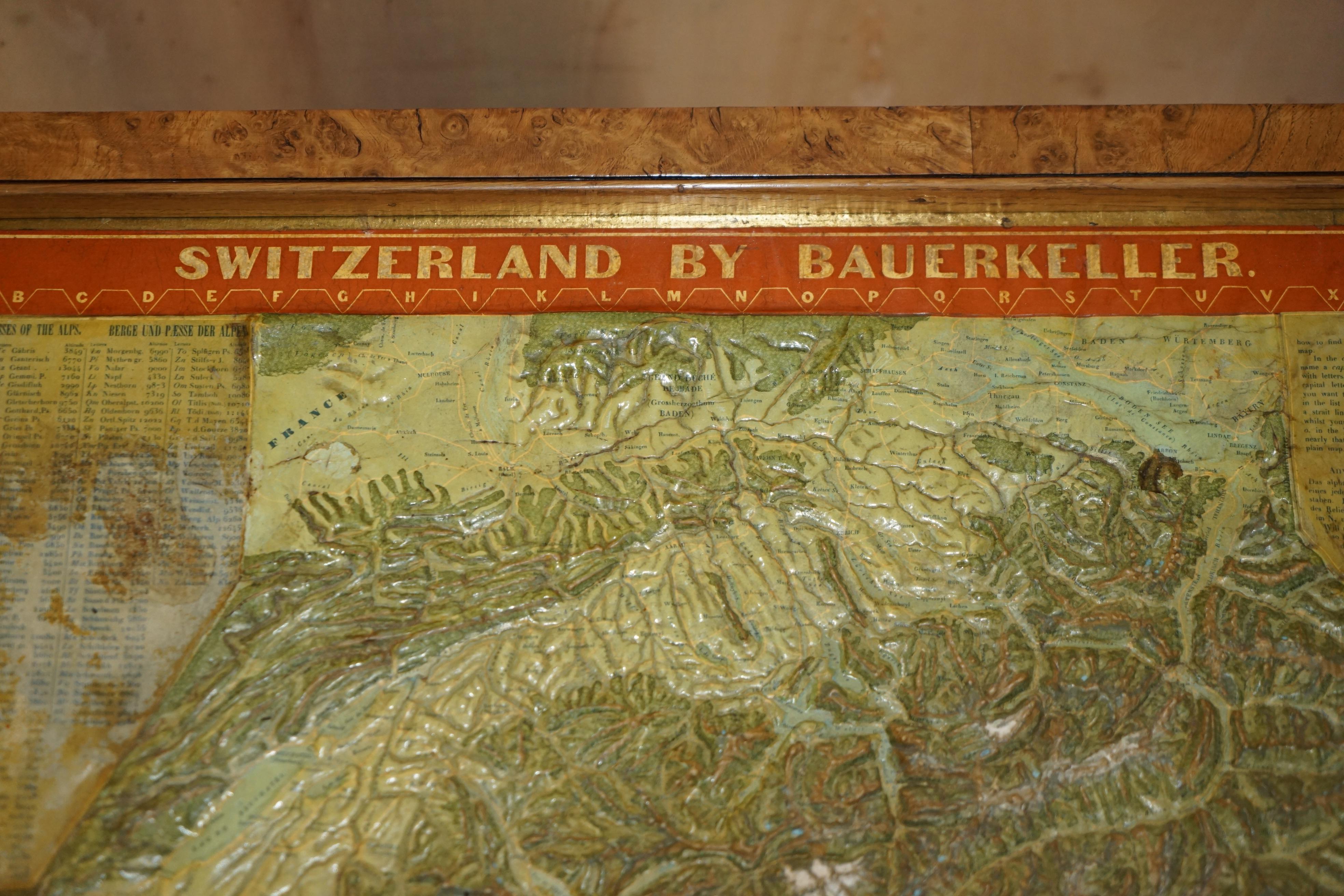 CIRCA 1850 MALBY & CO MAP OF SWiTZERLAND BY BAUERKELLER BURR WALNUT CHESS TABLE For Sale 11