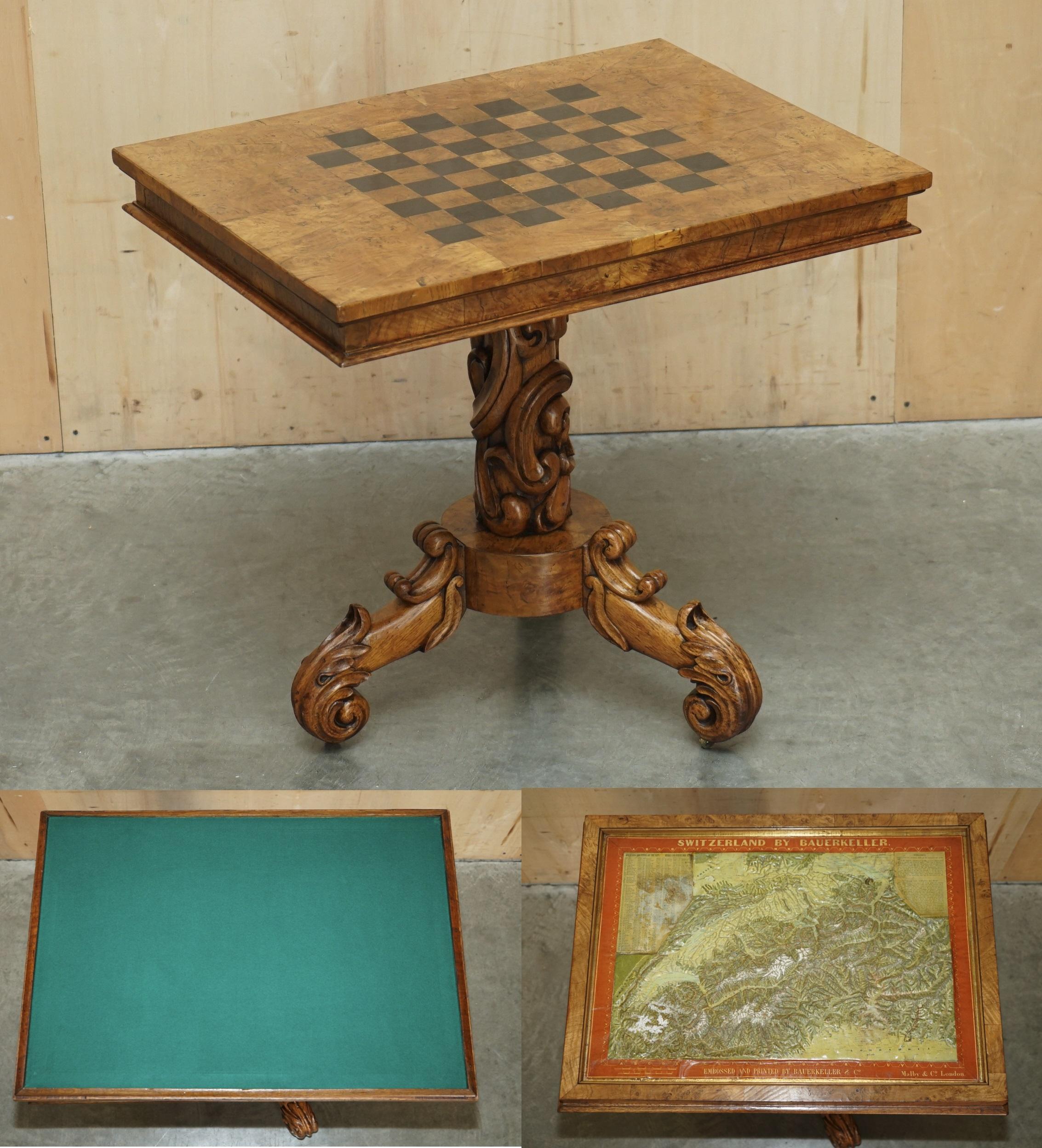 Royal House Antiques

Royal House Antiques is delighted to offer for sale this super rare, one of a kind, circa 1850 Malby & Co London Burr Walnut chessboard table with green baize card playing surface and unique 3D made of Switzerland by