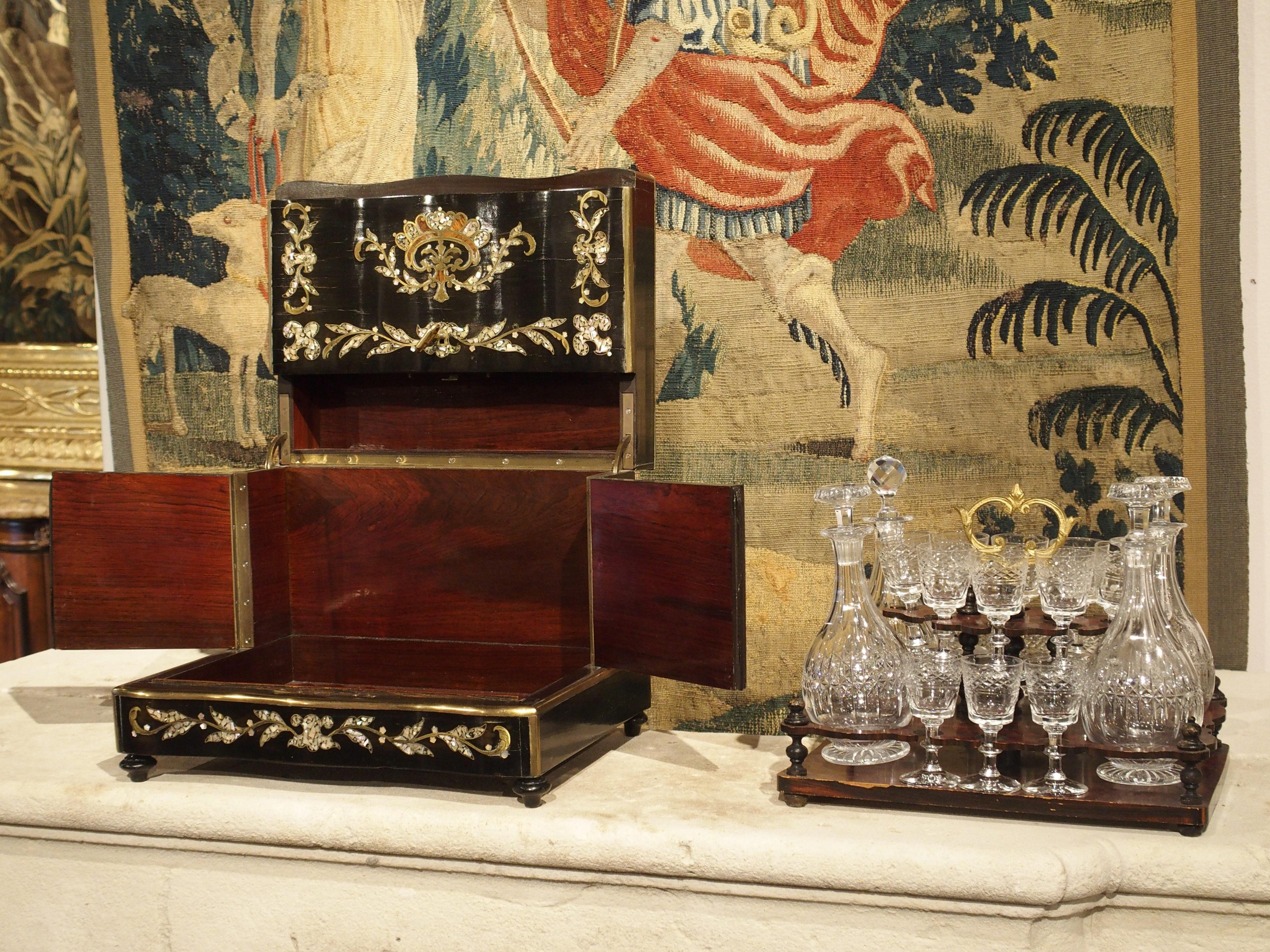 circa 1850 Napoleon III Cave à Liqueur with Mother of Pearl, Rosewood, and Brass 5