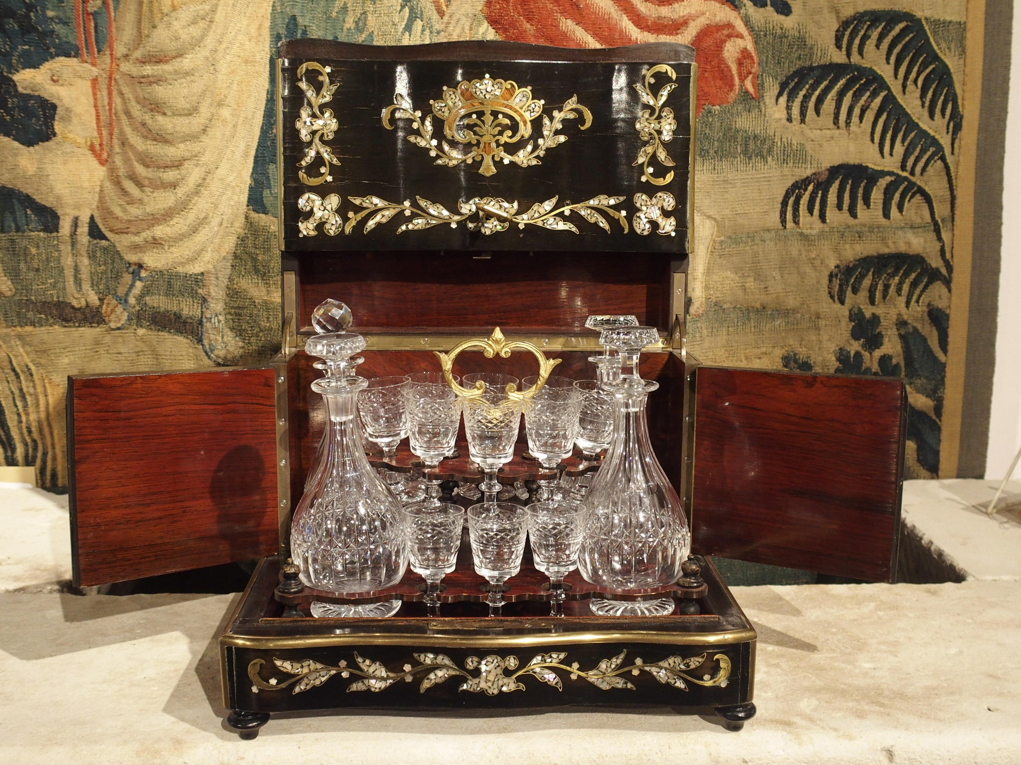 circa 1850 Napoleon III Cave à Liqueur with Mother of Pearl, Rosewood, and Brass 6