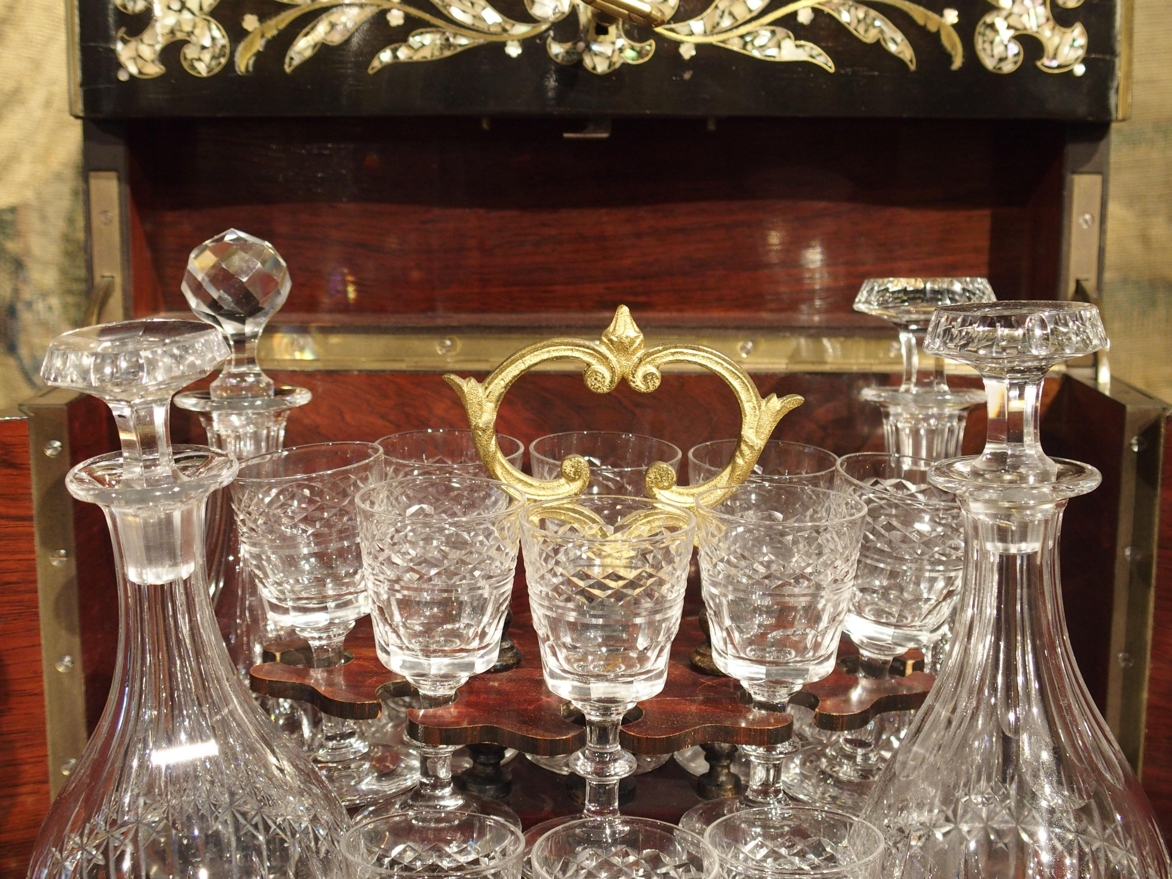 circa 1850 Napoleon III Cave à Liqueur with Mother of Pearl, Rosewood, and Brass 10
