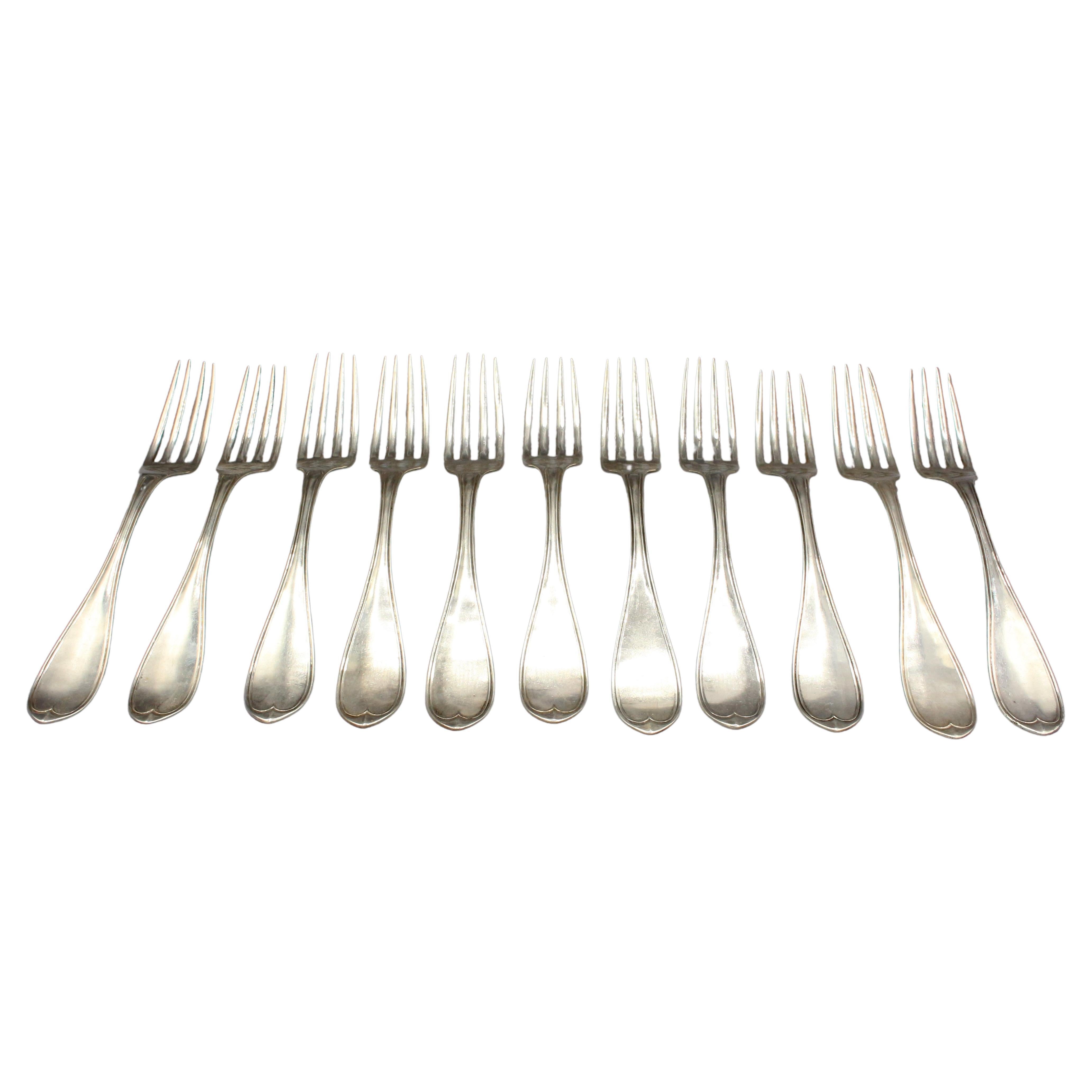 Circa 1850 Set of 11 Coin Silver Dinner Forks by Wood & Hughes For Sale