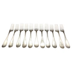 Used Circa 1850 Set of 11 Coin Silver Dinner Forks by Wood & Hughes