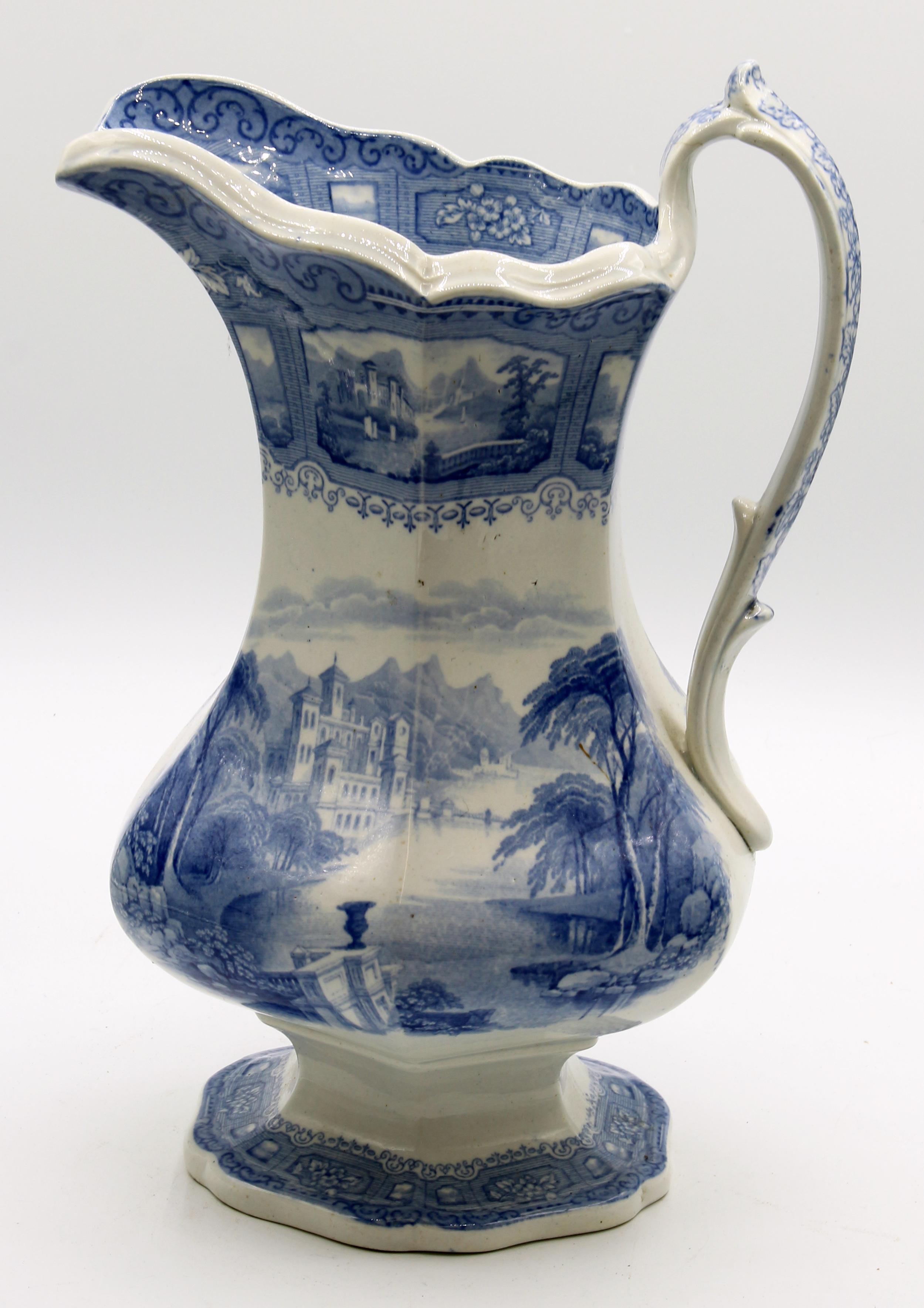 Blue and white transferware large pitcher, 