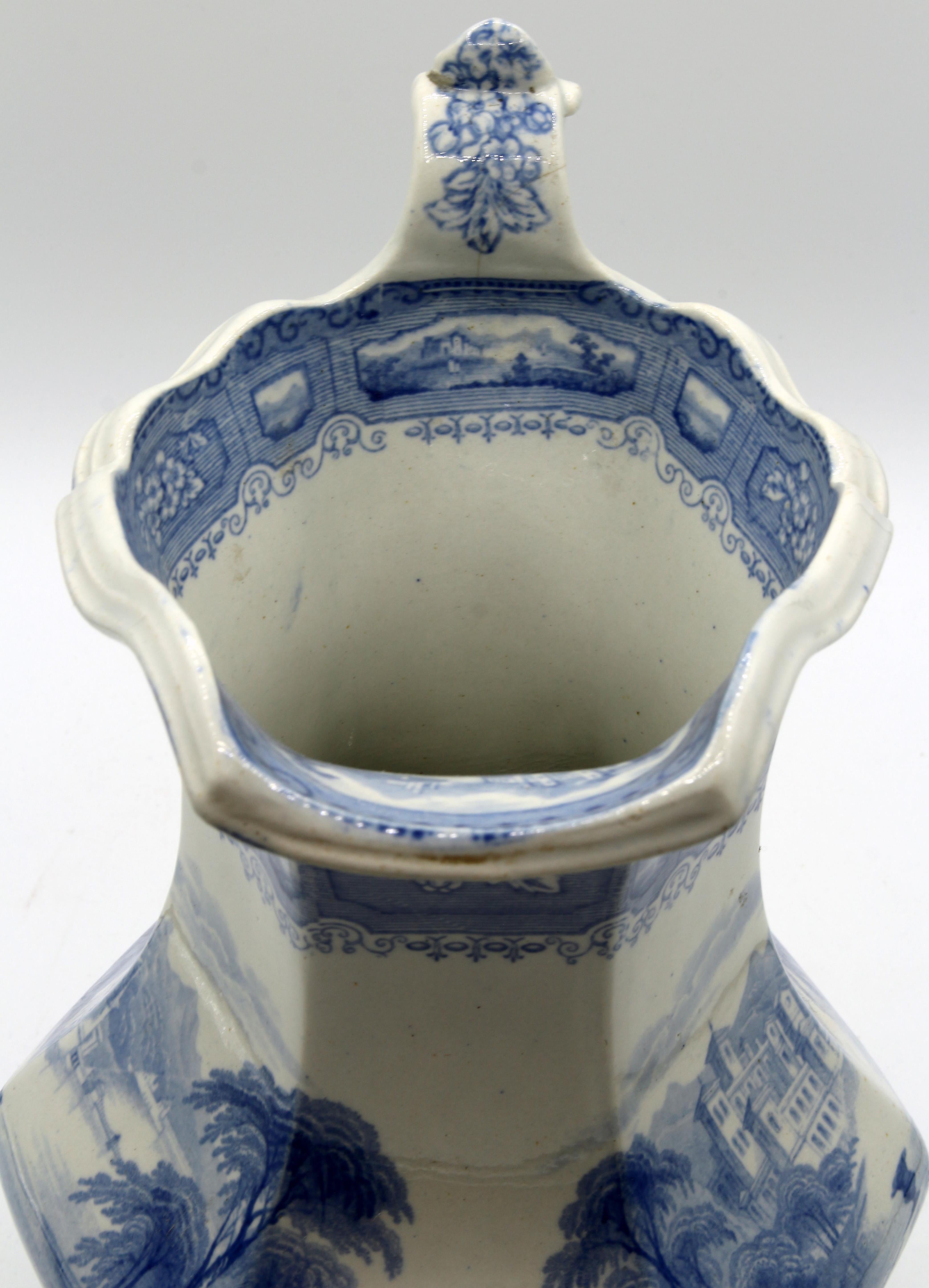 Circa 1850s Transferware Pitcher of Hexagonal Campana Urn Form In Good Condition In Chapel Hill, NC