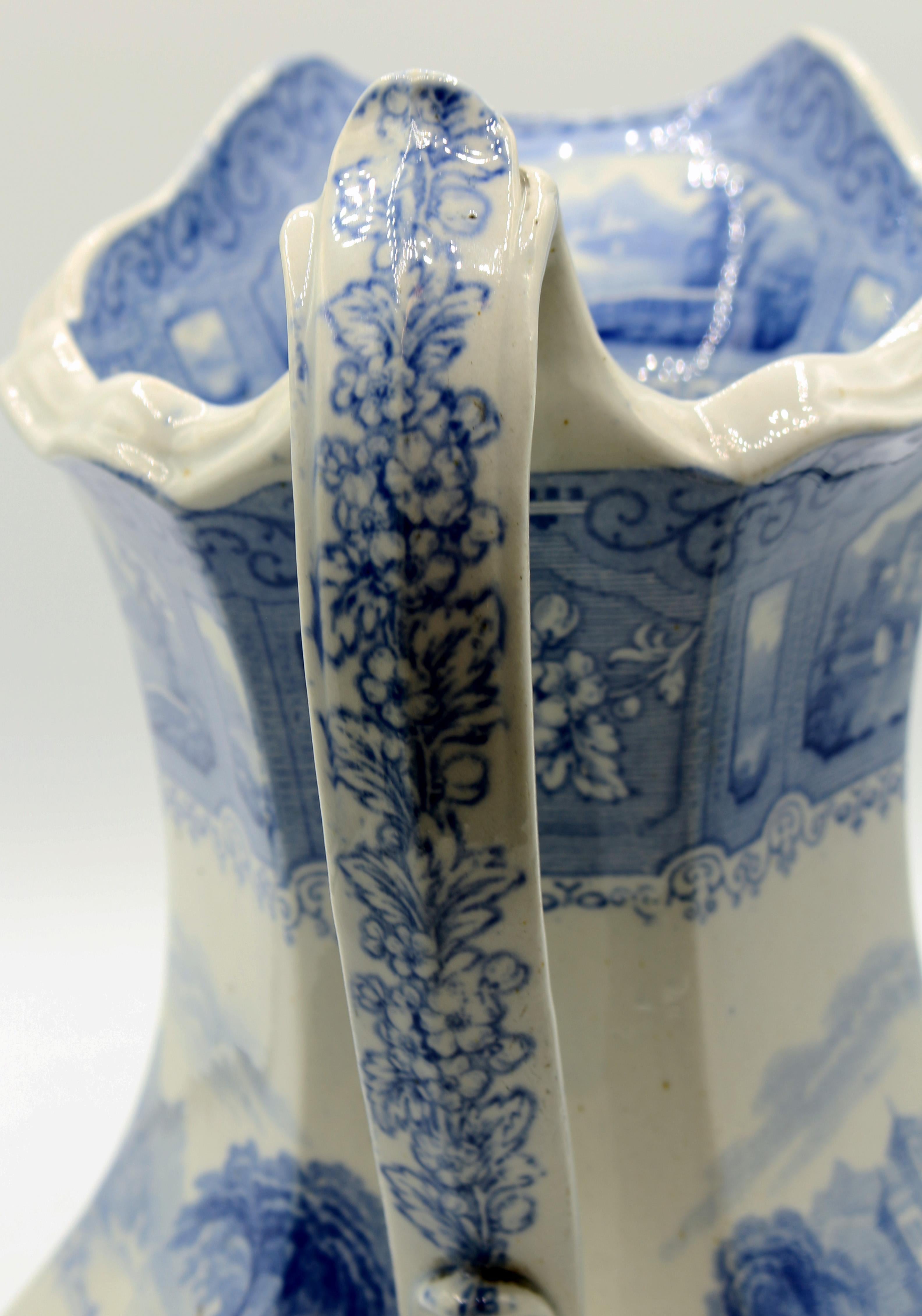 Ceramic Circa 1850s Transferware Pitcher of Hexagonal Campana Urn Form