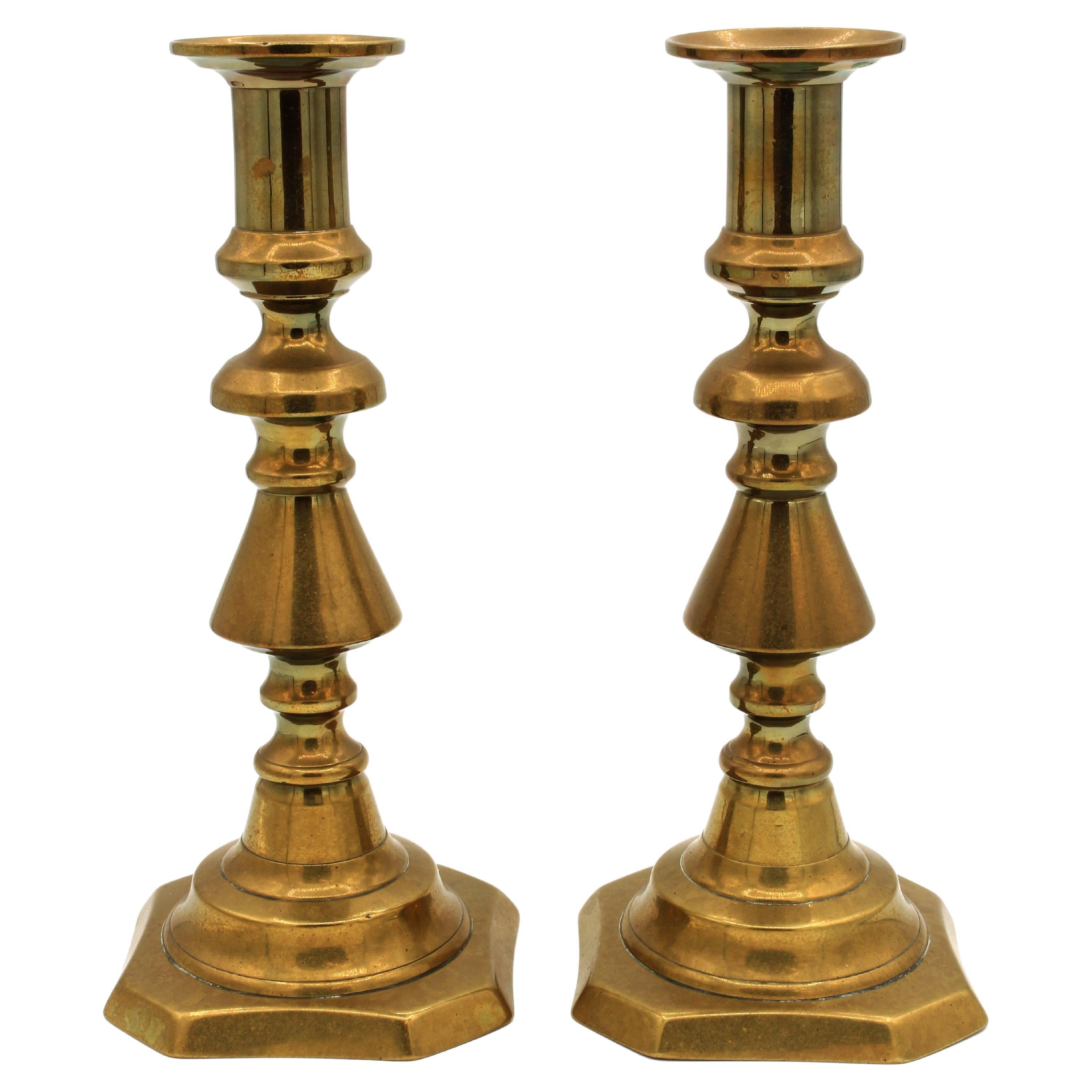 circa 1860-1880 Pair of English Brass Candlesticks For Sale
