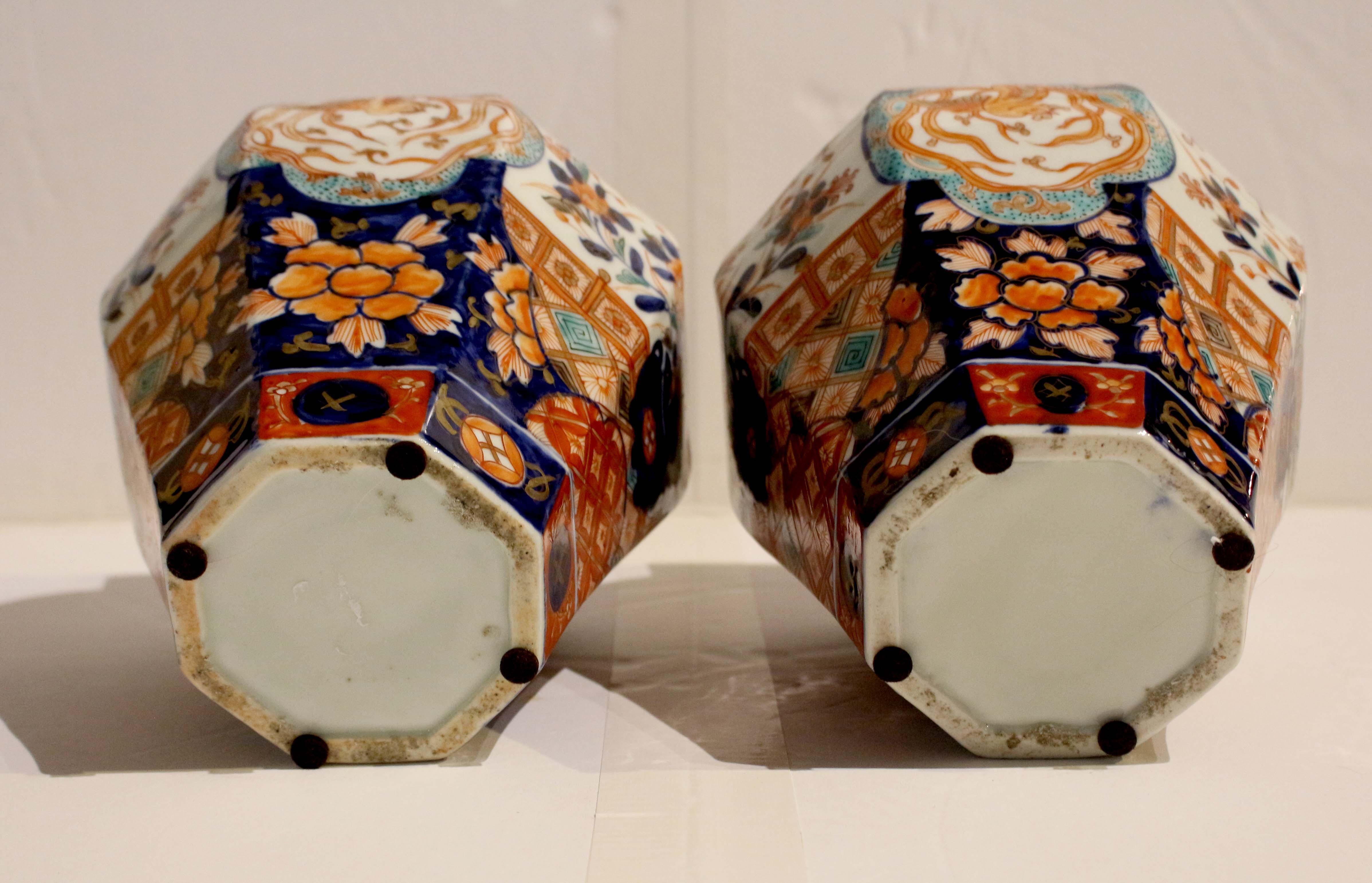 Ceramic Circa 1860-80 Pair of Japanese Imari Covered Jars For Sale