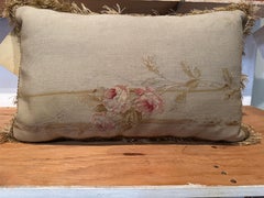 Circa 1860 Antique French Aubusson Tapestry Pillow with Pink Rose