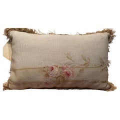 Circa 1860 Antique French Aubusson Tapestry Pillow with Pink Rose