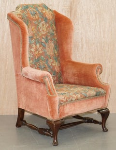 Antique Victorian Floral Embroidered Wingback Armchair Walnut Framed, circa 1860