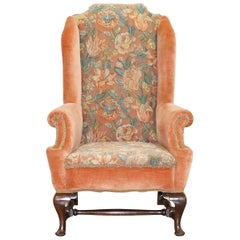 Antique Victorian Floral Embroidered Wingback Armchair Walnut Framed, circa 1860