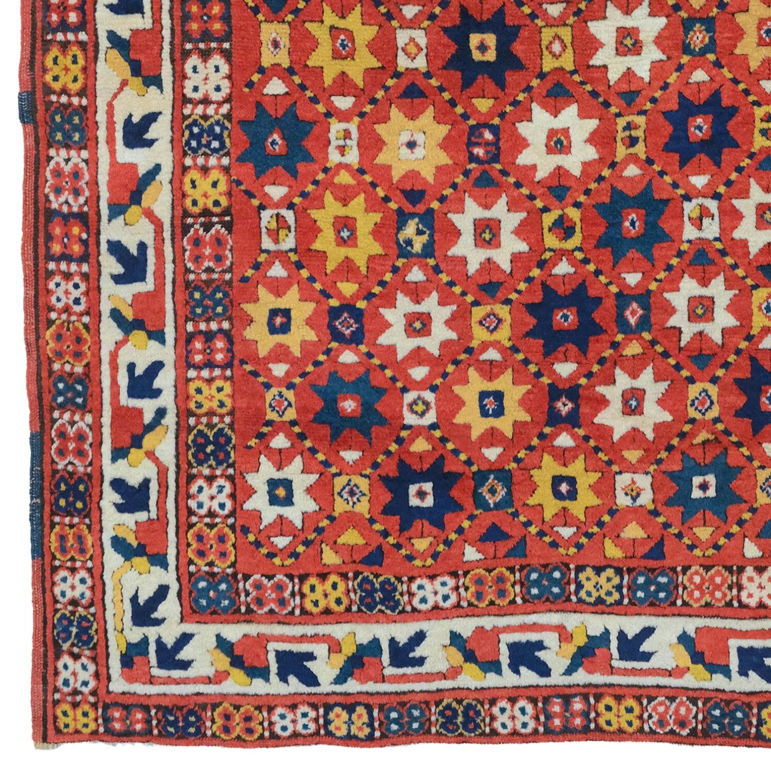 This antique Caucasian carpet dates back to 1860 and is one of the most beautiful examples of the craftsmanship and artistic mastery of the period. The carpet is decorated with rich and vibrant colors and contains complex geometric patterns. In the
